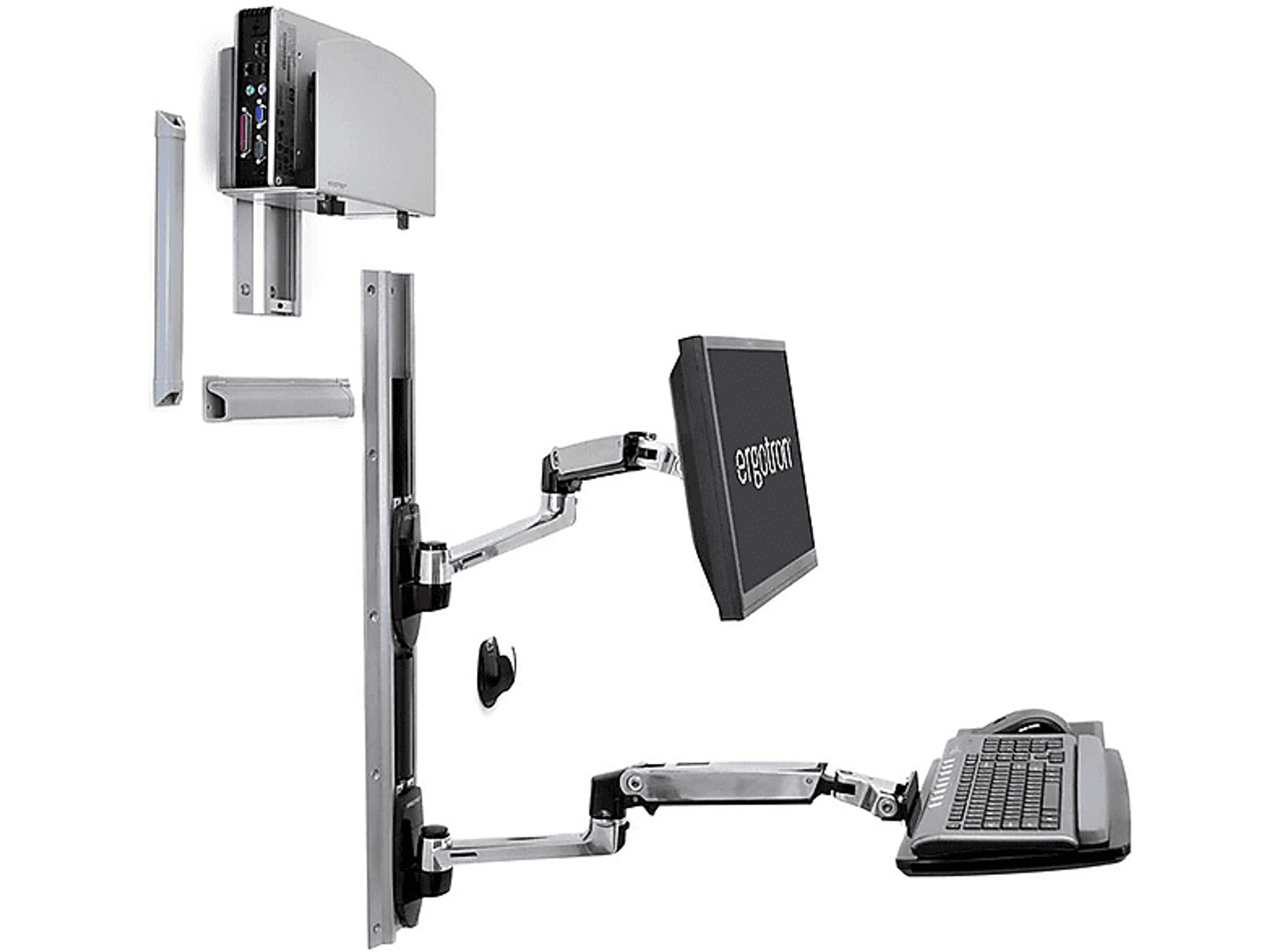 Wandmontierte Computer-Anordnung. Enthält einen Monitorarm, eine Tastaturablage und ein kleines PC-Gehäuse.