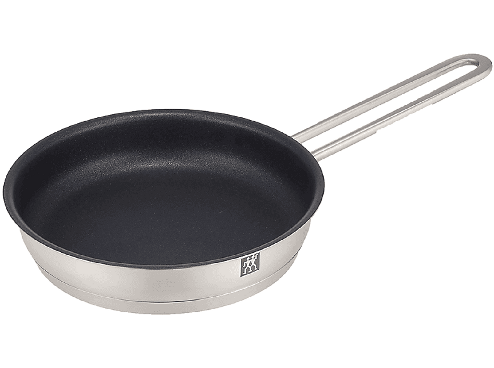 Patelnia ze stali nierdzewnej z czarnym wnętrzem i długim uchwytem.