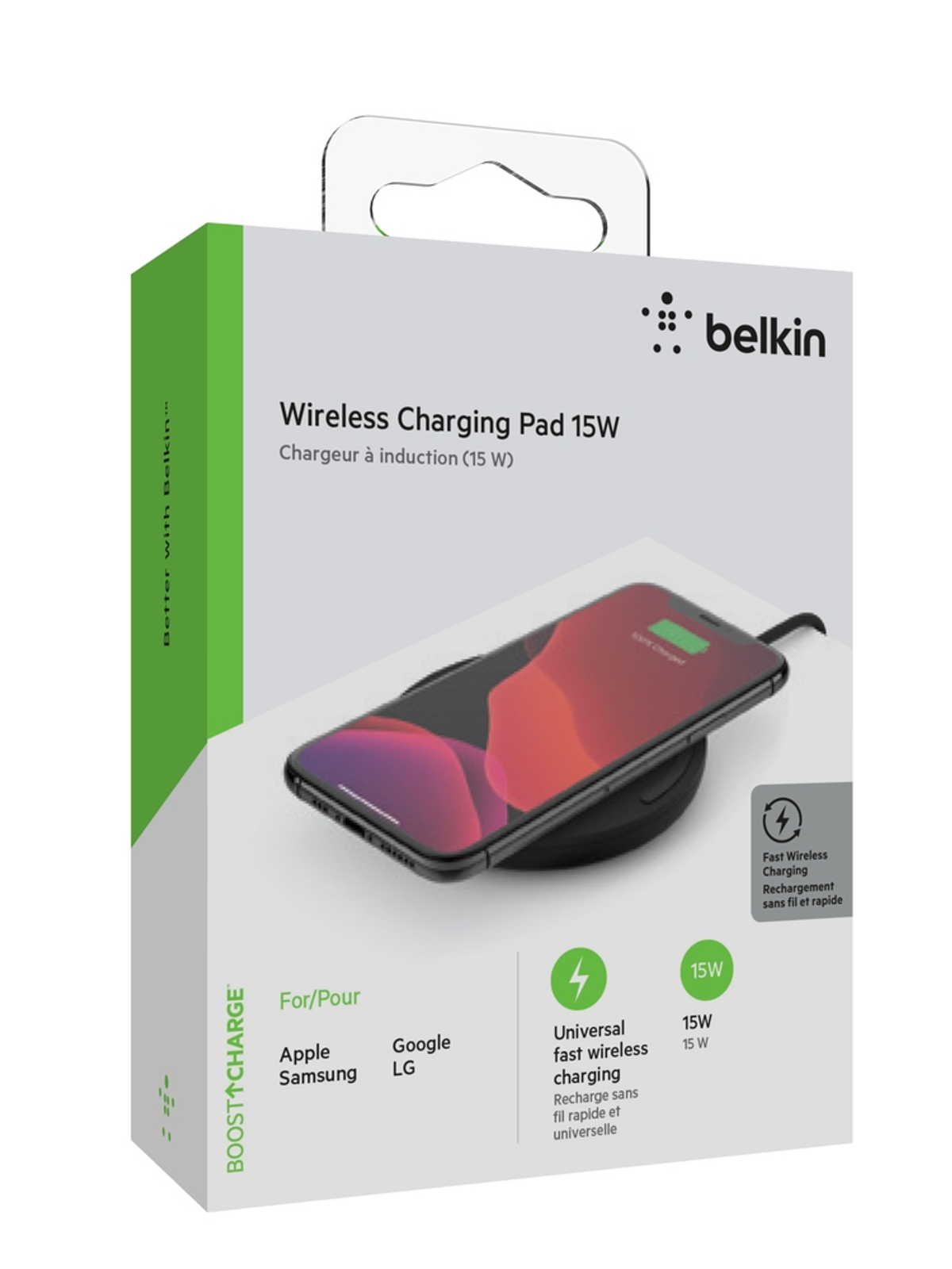Una caja de carga inalámbrica Belkin blanca y verde con un teléfono encima.