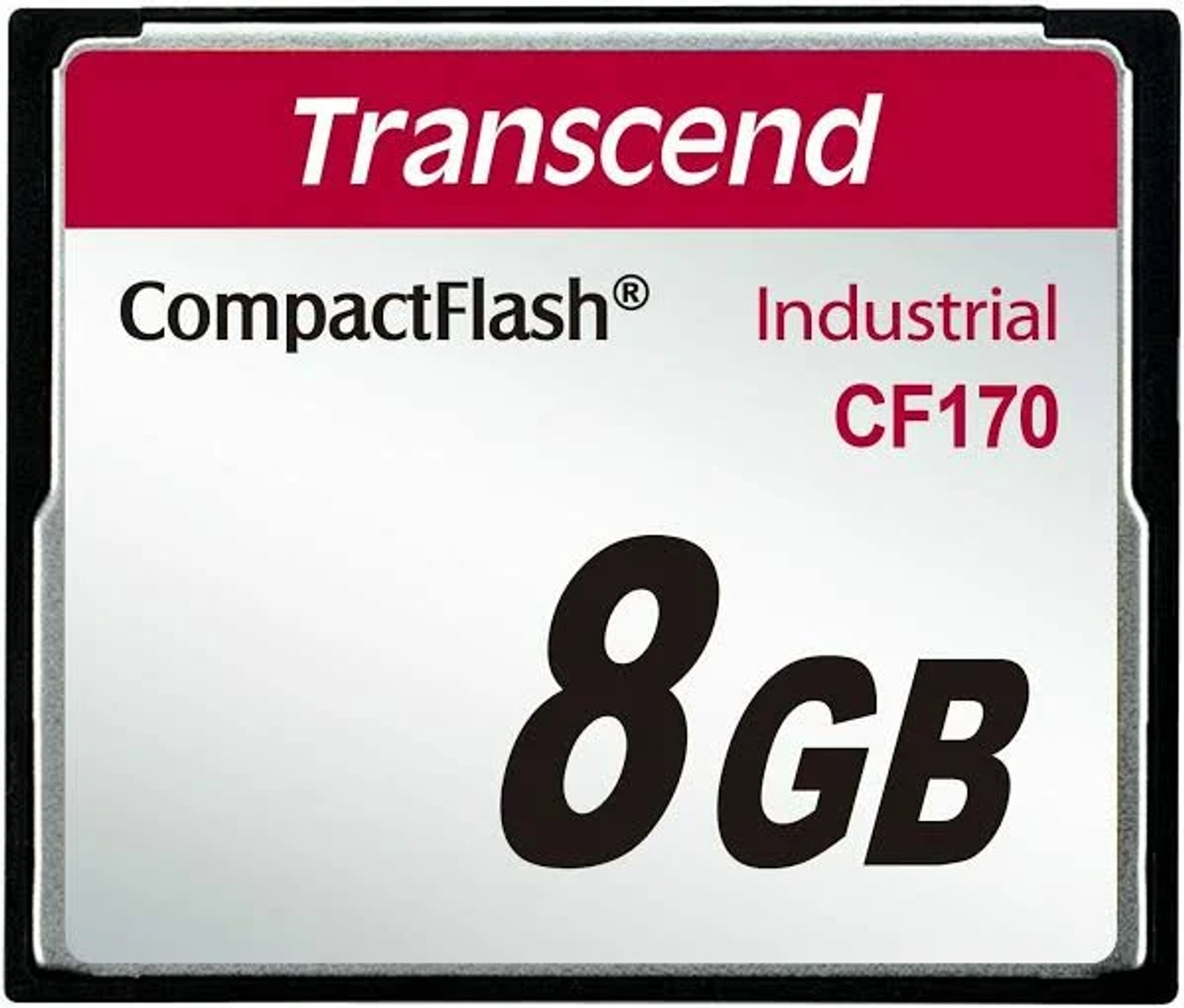 Transcend CompactFlash Industrial CF170 8GB Karte. Weißer Hintergrund.