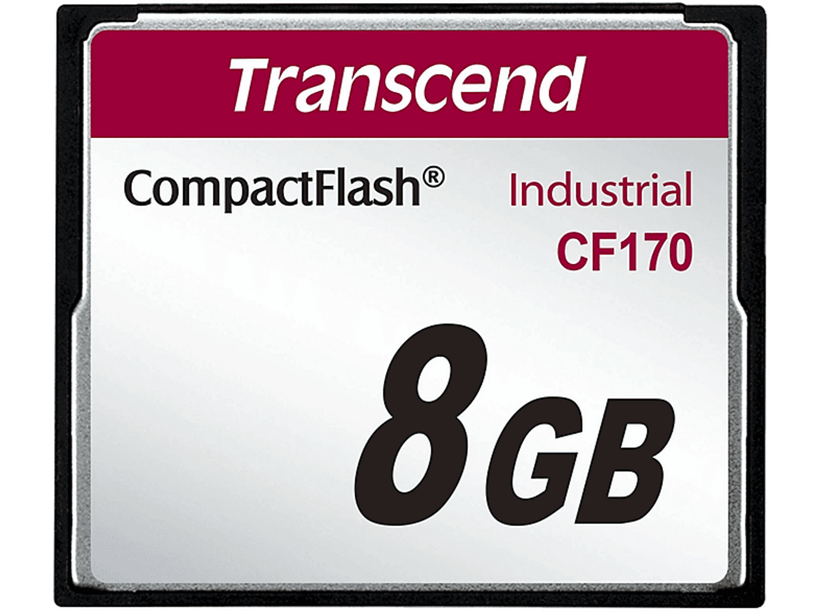 Transcend CompactFlash Industrial CF170 8GB Speicherkarte. Die Karte ist in einem schwarzen Rahmen.