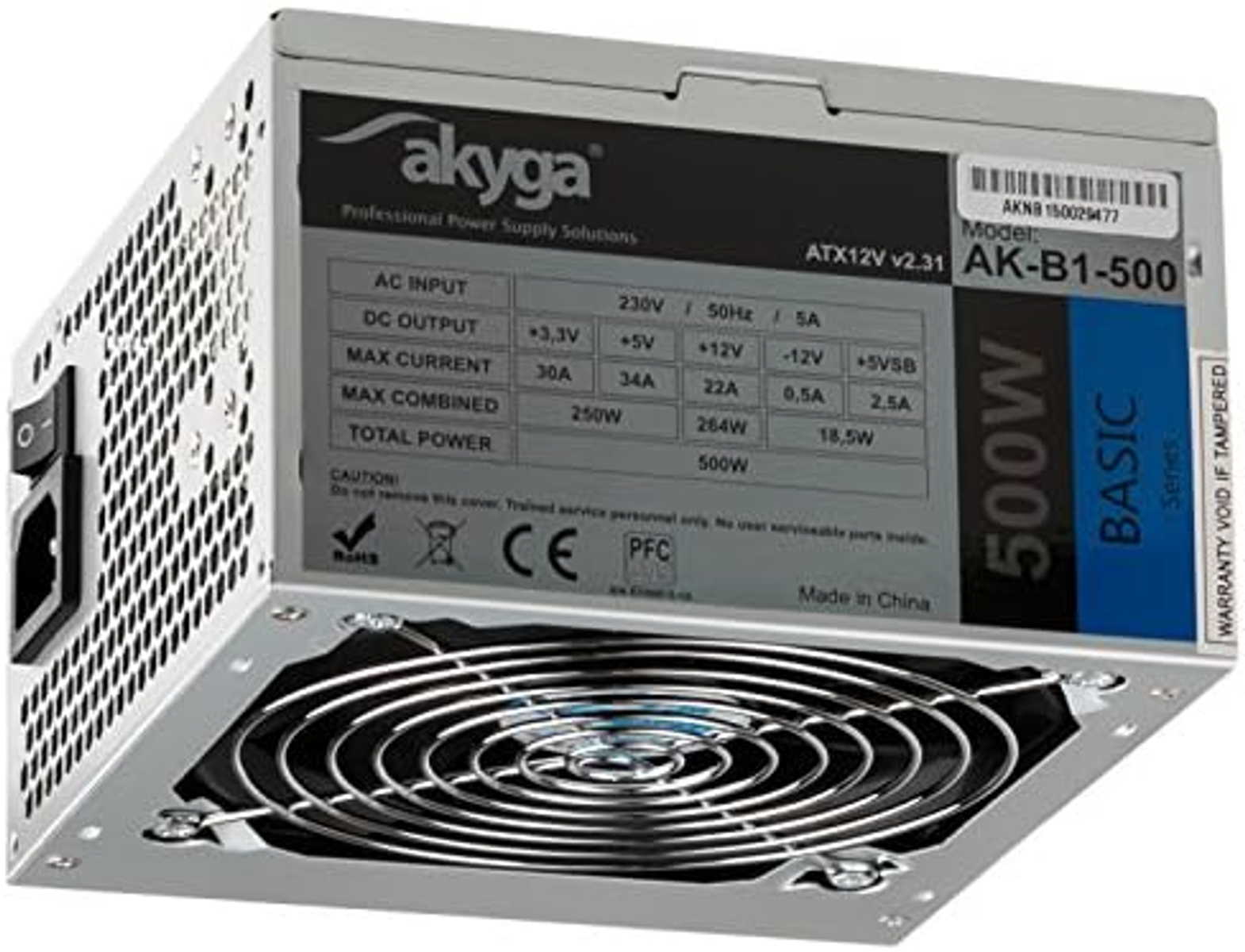 Srebrny zasilacz z tekstem. Wentylator widoczny na dole. Białe tło.