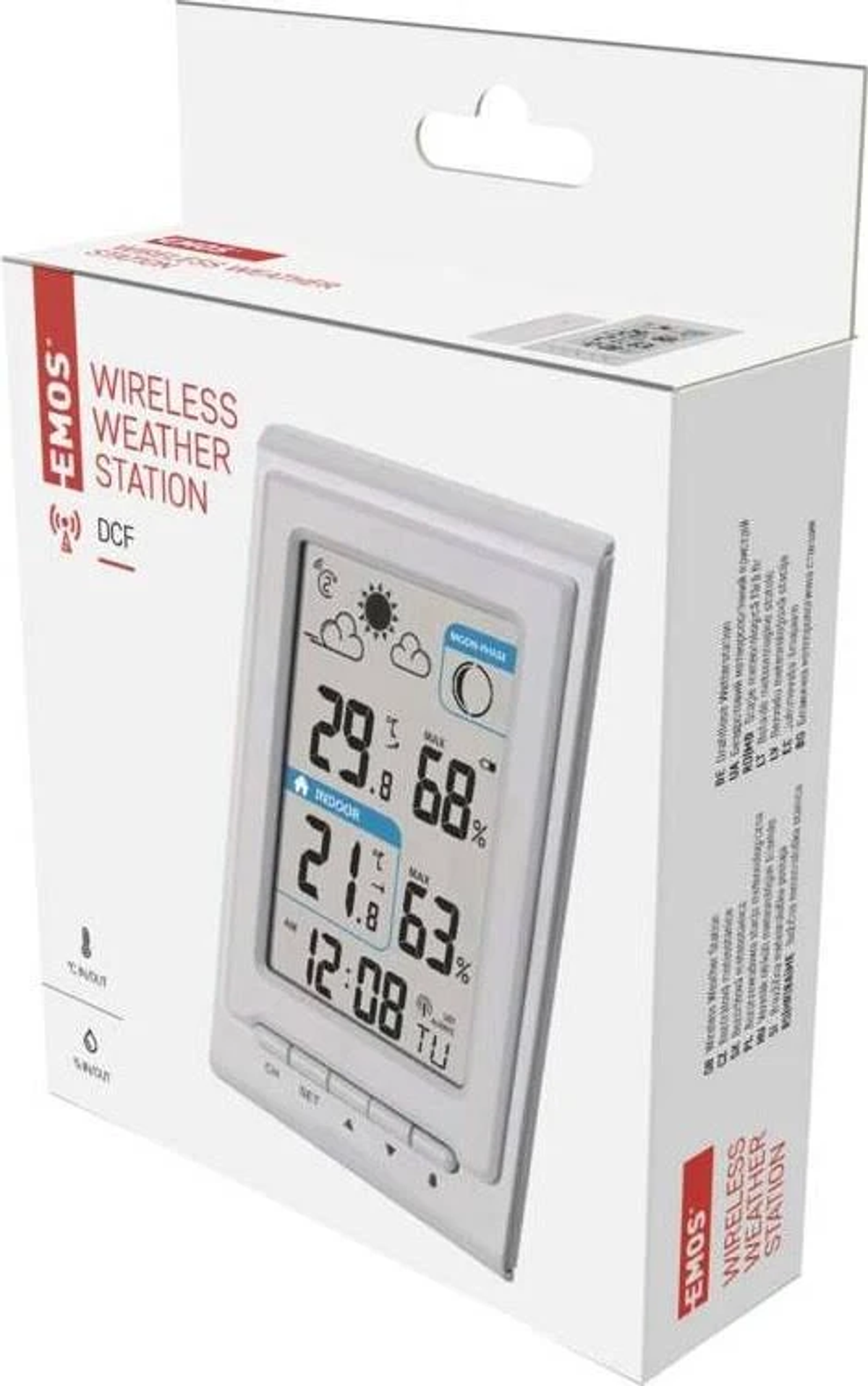 Bezprzewodowa stacja pogodowa w pudełku. Wyświetla temperaturę, wilgotność i czas.