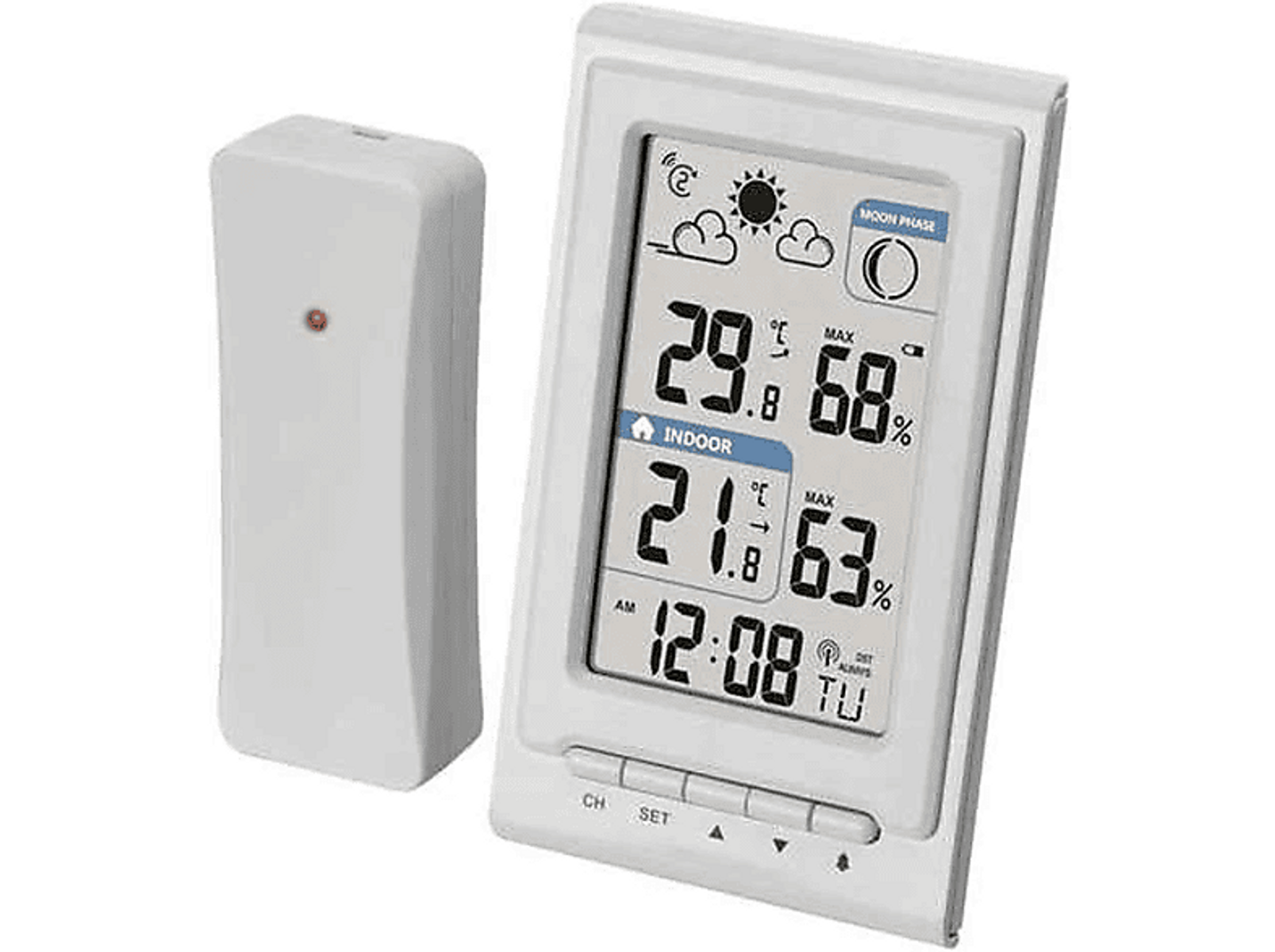 Biała stacja pogodowa z wyświetlaczem pokazującym temperaturę, wilgotność i czas oraz oddzielnym czujnikiem.