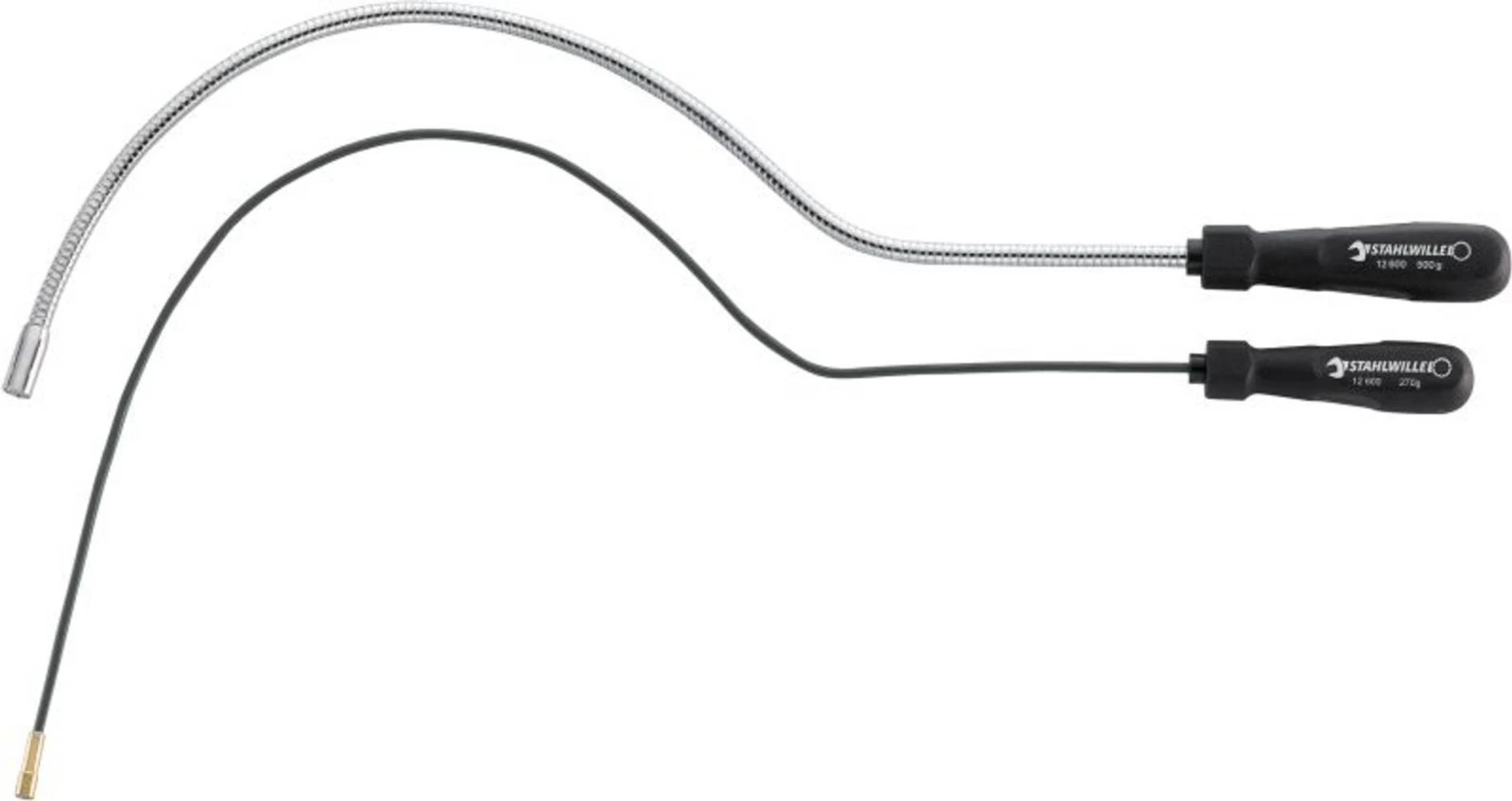 Zwei flexible magnetische Aufnahmewerkzeuge. Eines ist silberfarben, das andere hat einen schwarzen Griff.