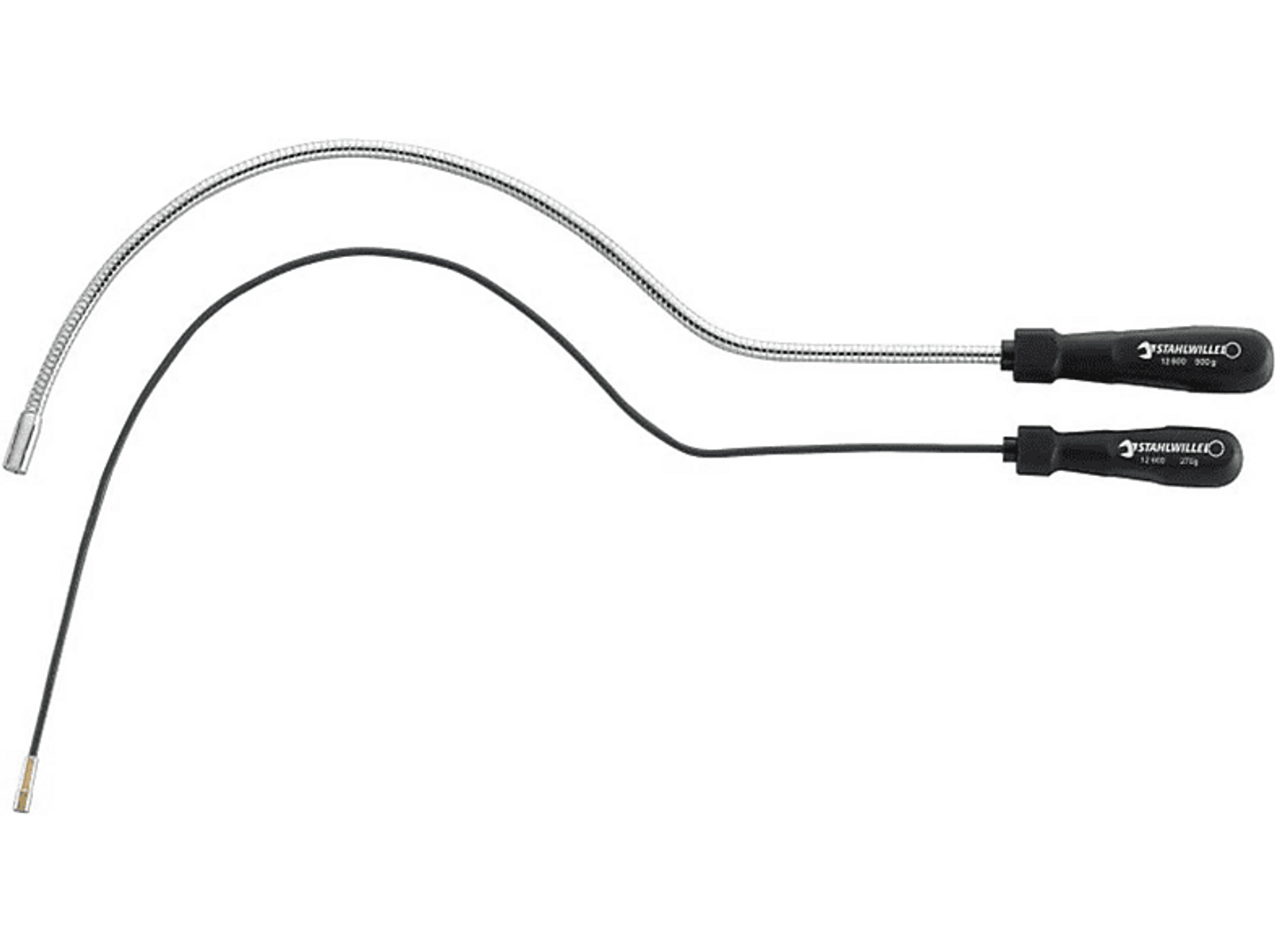 Zwei flexible magnetische Aufnahmewerkzeuge. Eines ist silberfarben, das andere schwarz. Der Hintergrund ist weiß.