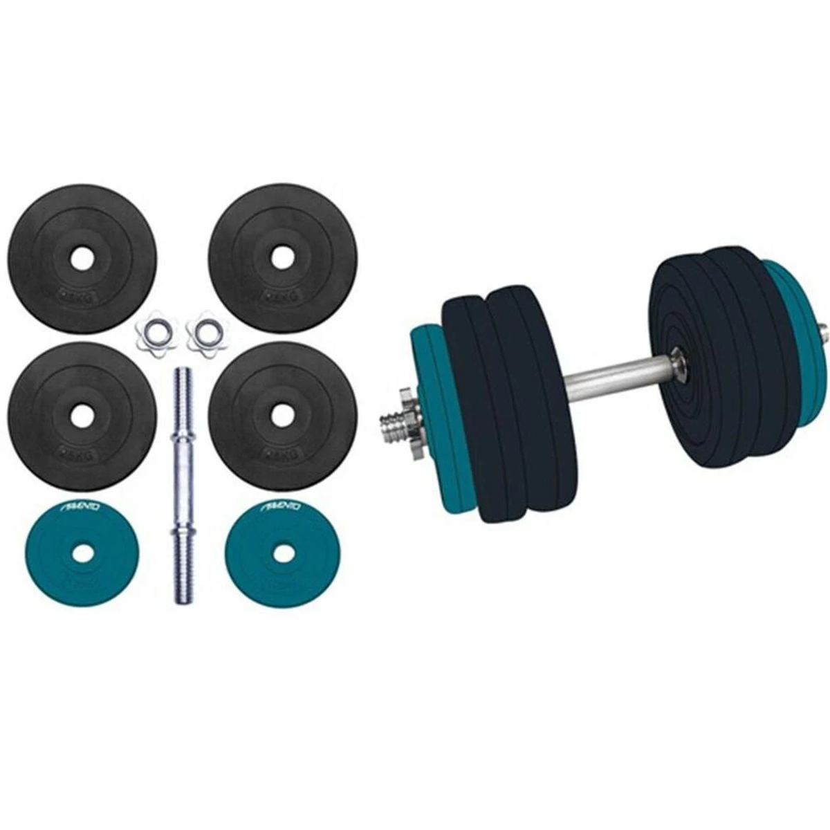 Set di manubri su sfondo bianco. Include dischi, bilanciere e collari di bloccaggio.