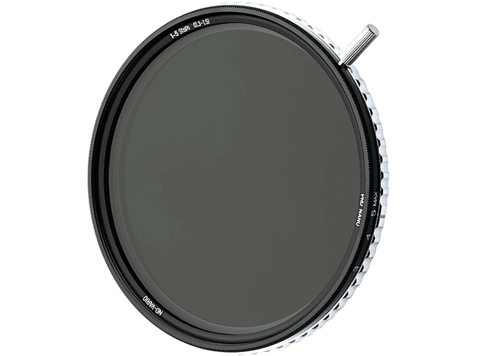 Runder Kamerafilter mit Markierungen für ND-Filter-Einstellungen. Silberner Rand, grauer Filter.