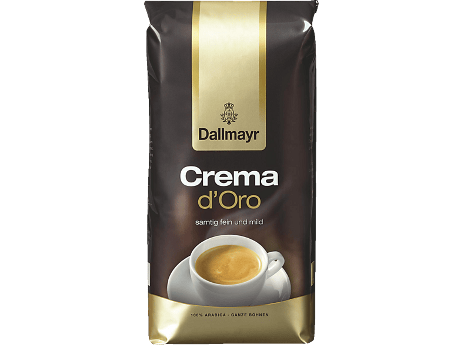 Kaffeepackung mit Dallmayr Crema d'Oro Etikett und Kaffeetasse.