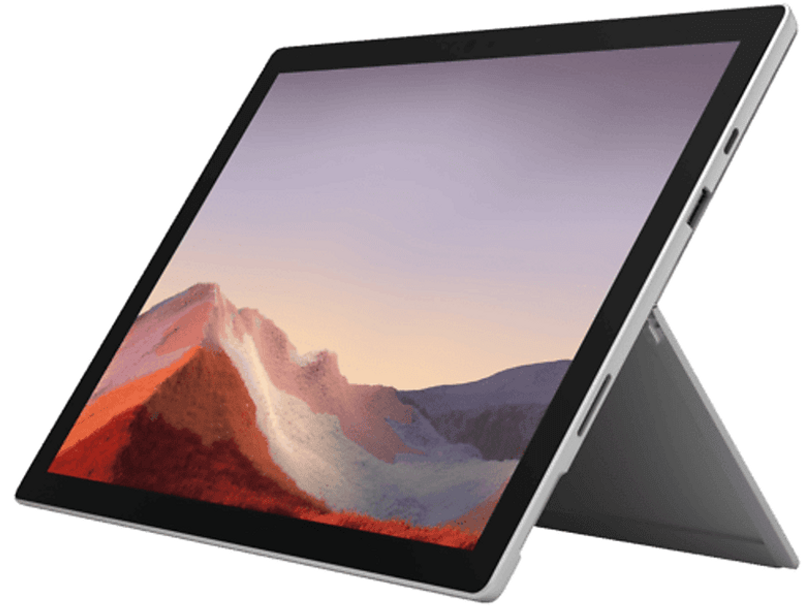 Un tablet con un cavalletto. Lo schermo mostra un paesaggio con un tramonto e una catena montuosa.