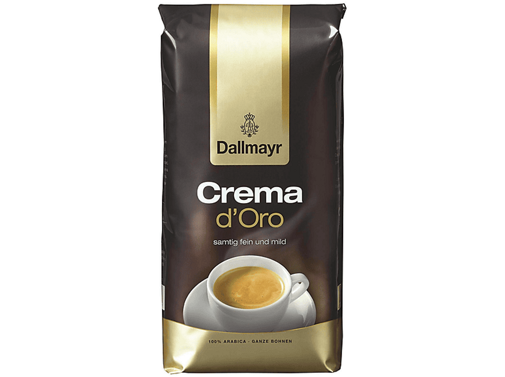 Kaffeepackung, Crema d'Oro, Dallmayr, mit einer Tasse Kaffee auf einem weißen Teller.