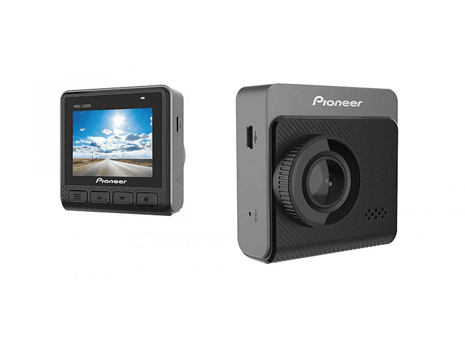 Zwei Pioneer-Dashcams. Eines zeigt eine Straße auf dem Bildschirm, das andere ist eine schwarze, quadratische Kamera.