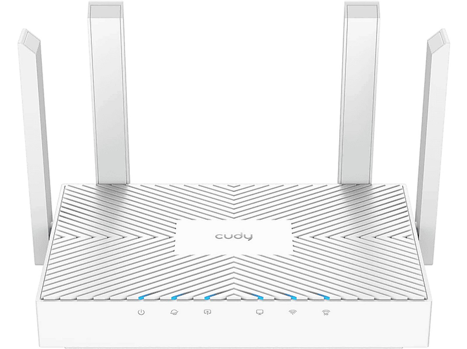 Weißer Router mit vier Antennen und blauen Lichtern vorne.