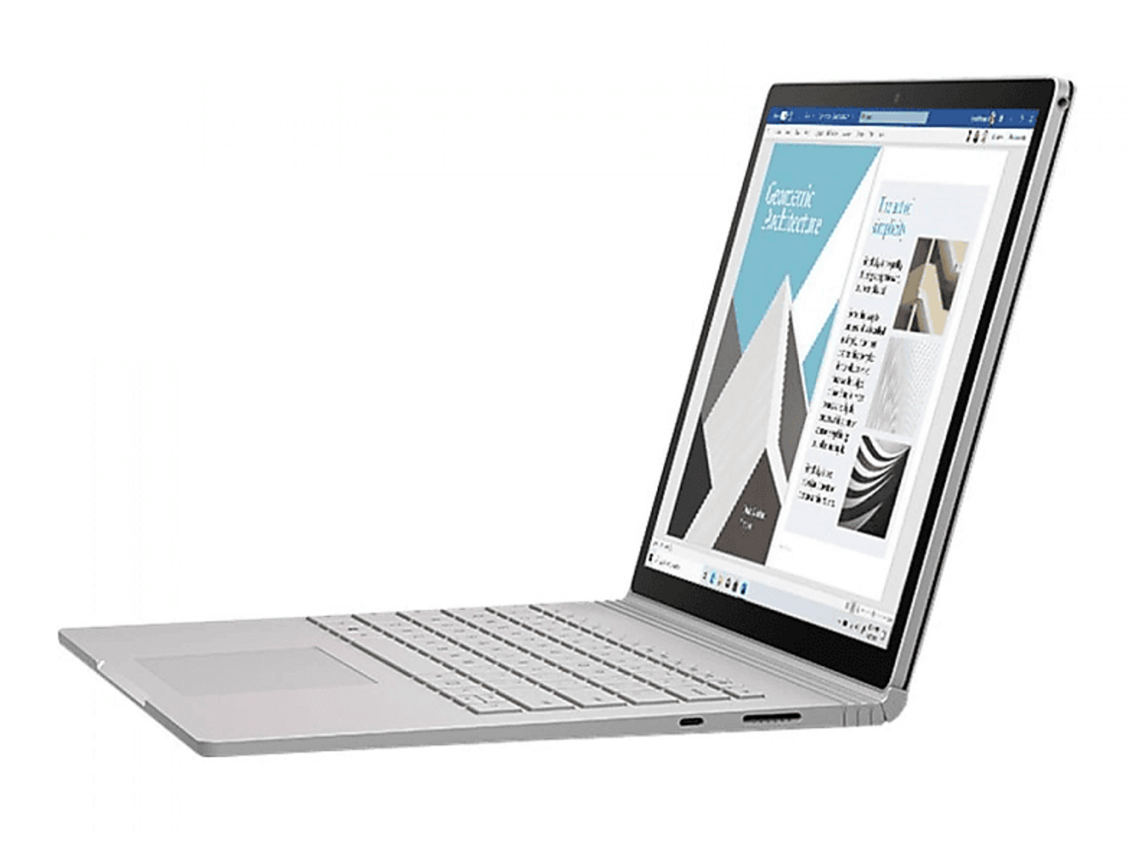 Silberner Laptop mit einem Bildschirm, der ein Dokument anzeigt. Er befindet sich auf weißem Grund.