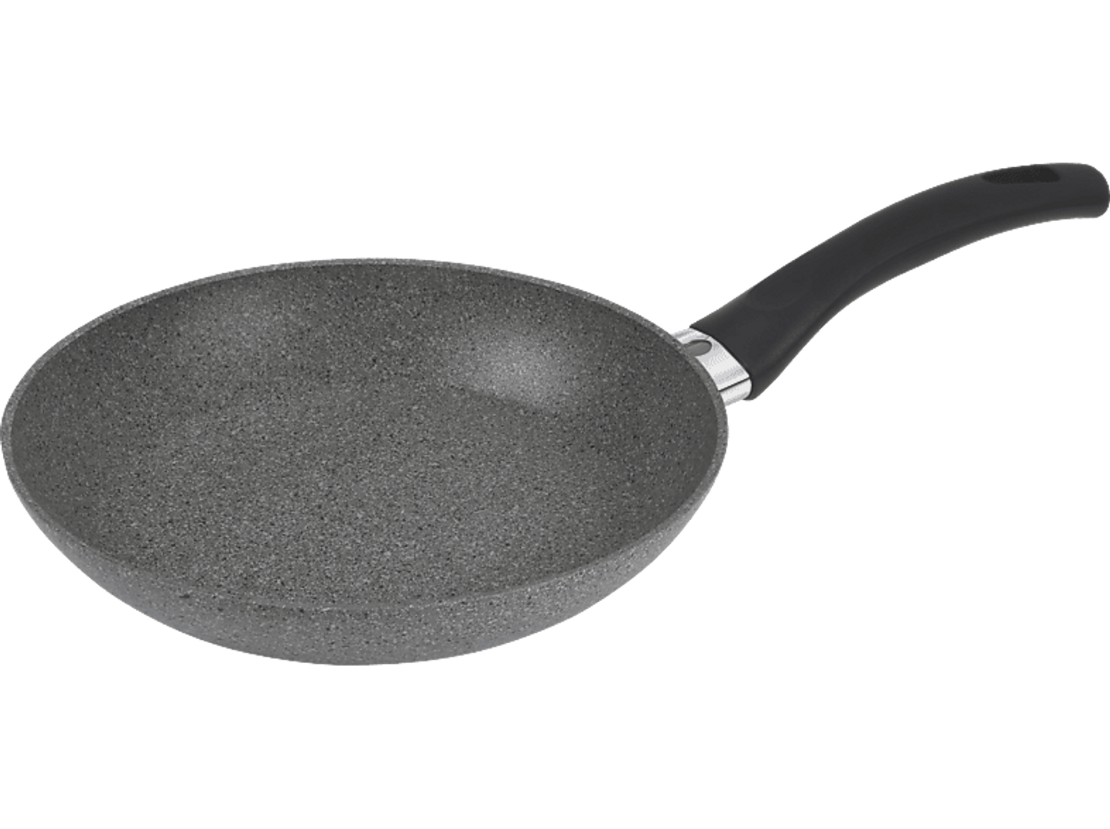 Szara patelnia nieprzywierająca z czarnym uchwytem.