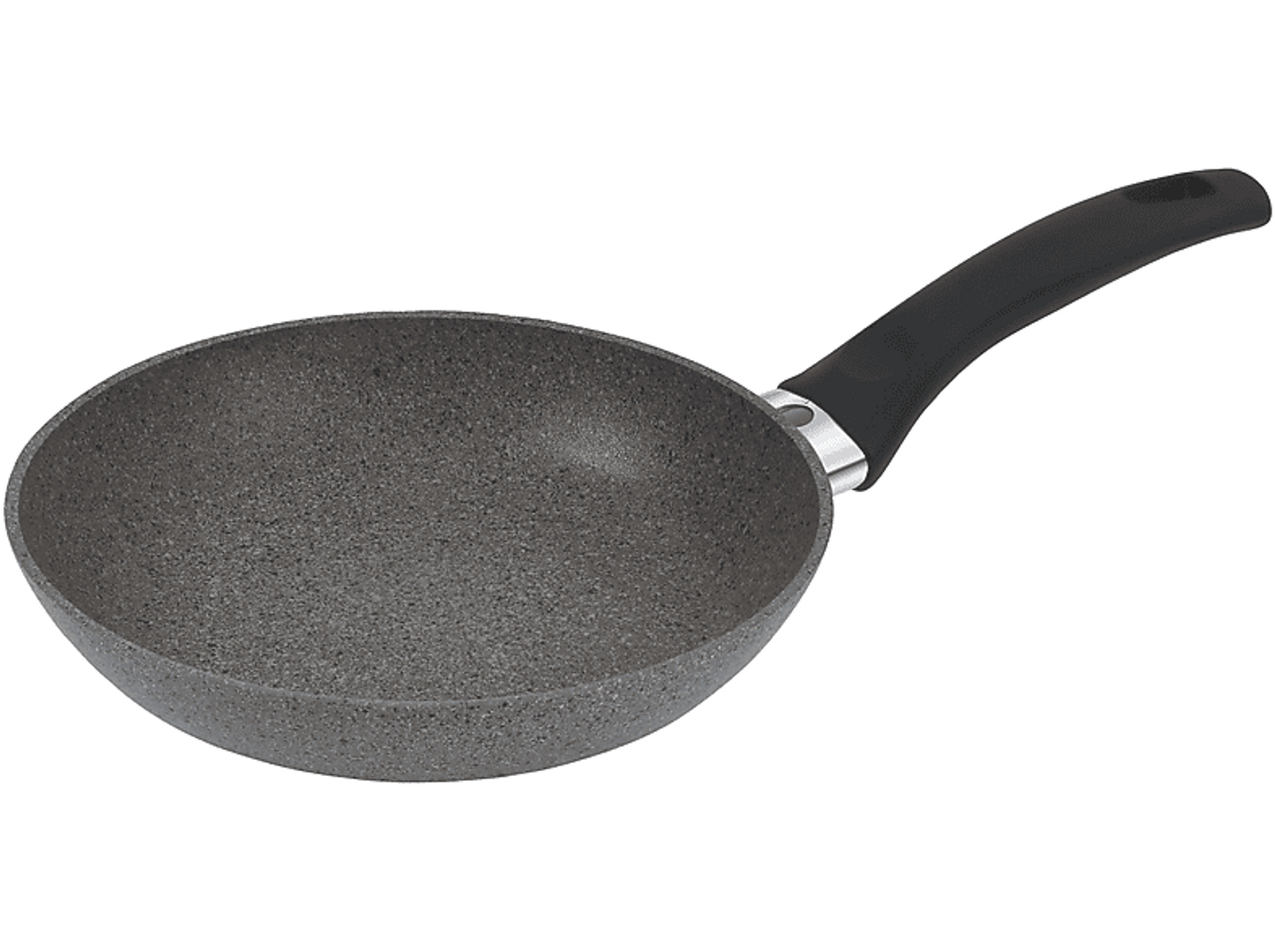 Czarna patelnia z ciemnym uchwytem i nakrapianą powierzchnią do gotowania, na białym tle.