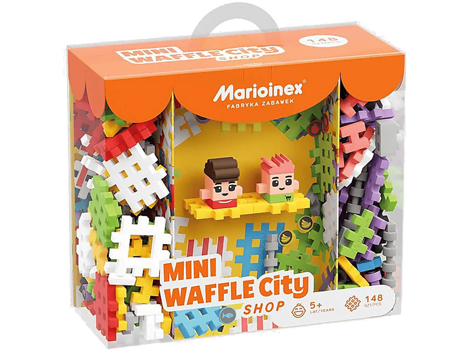 Spielzeug-Waffelblöcke in einer Box. Die Box hat eine transparente Vorderseite und zeigt Figuren.