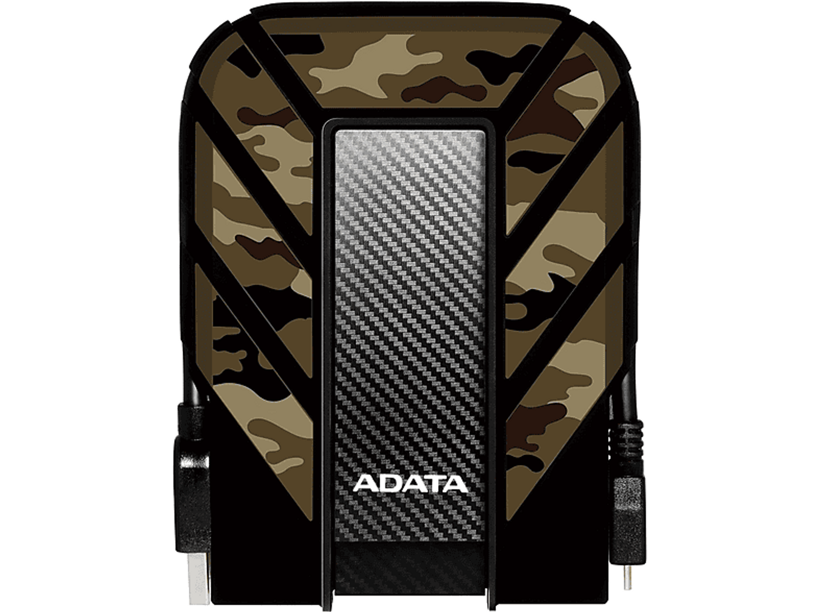 Czarny i kamuflażowy zewnętrzny dysk twardy z kablami. Widoczna marka ADATA. Białe tło.