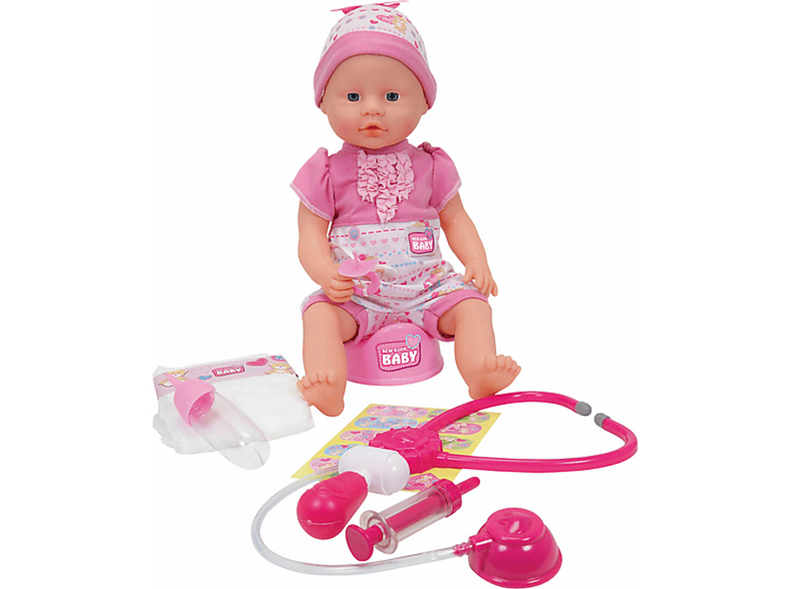 Babypuppe in rosa Outfit mit Arztkoffer auf weißem Grund.