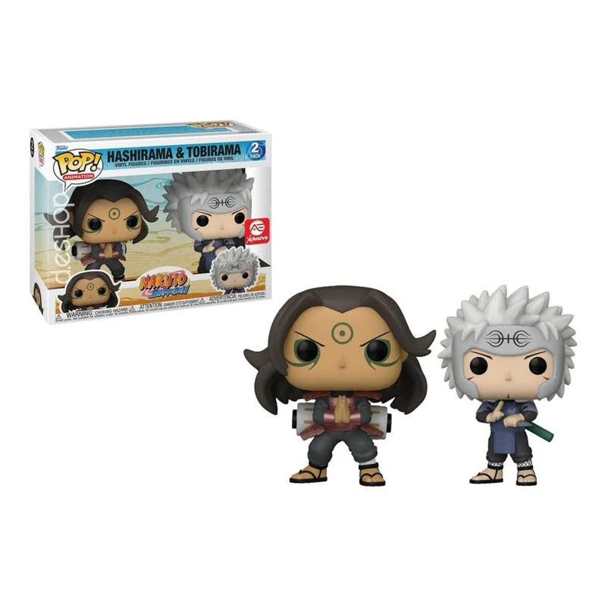 Funko Pop Figuren von Hashirama und Tobirama, mit einer Box. Weißer Hintergrund.