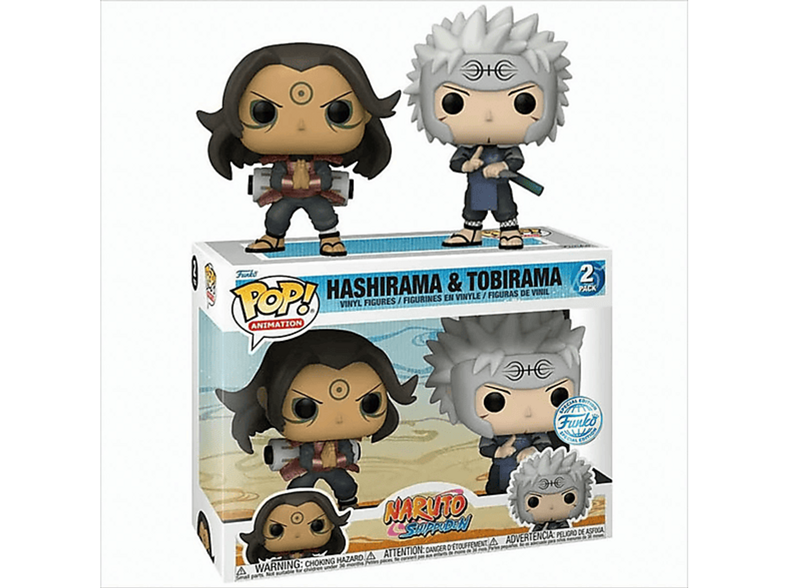 Naruto und Tobirama Funko Pop Figuren in einer Box. Zwei Figuren oben.