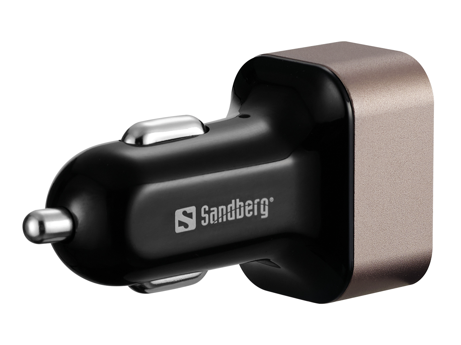 Schwarzes und bronzefarbenes Autoladegerät mit Sandberg-Logo.