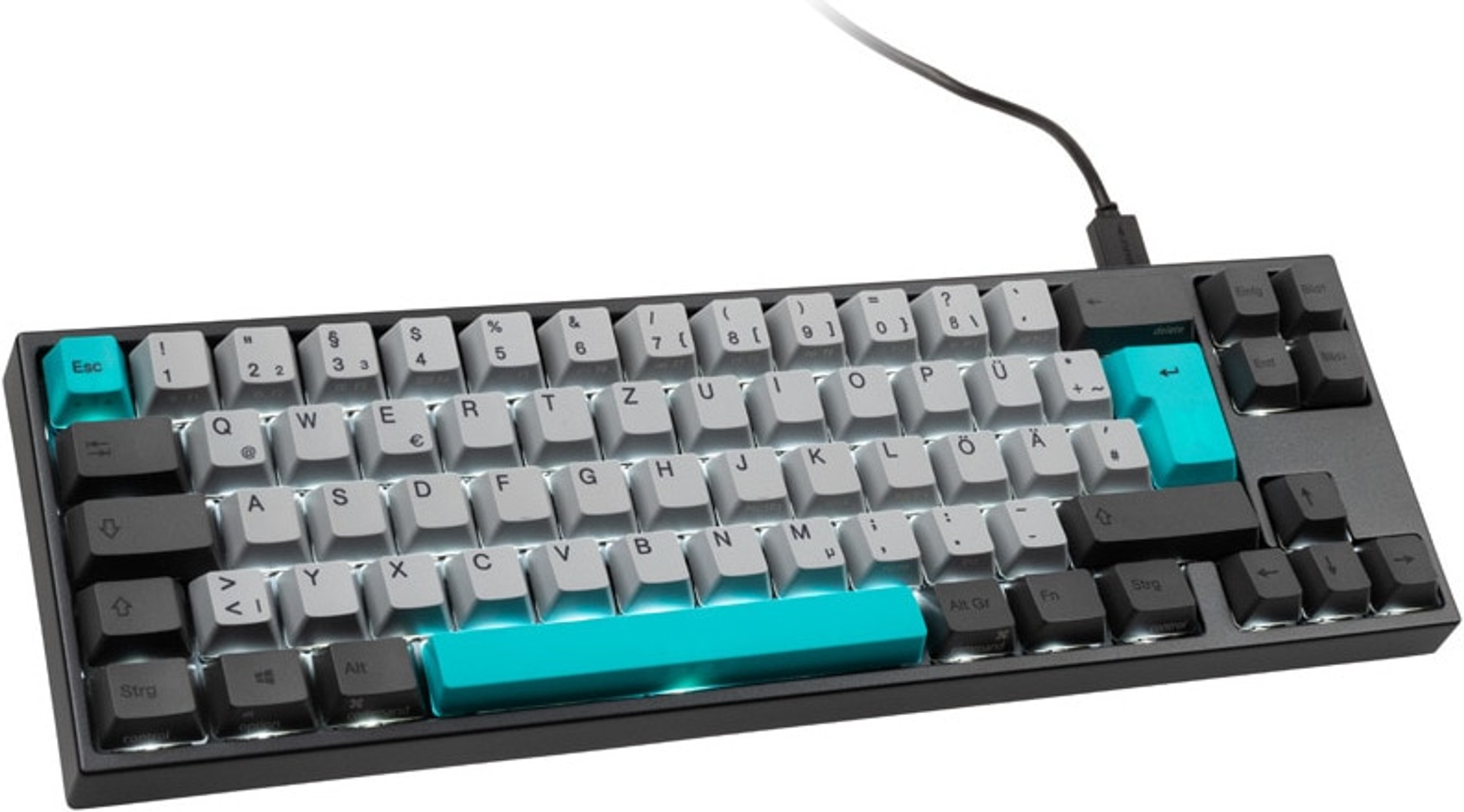 Schwarz-graue Tastatur mit türkisfarbenen Tasten. Weißer Hintergrund.