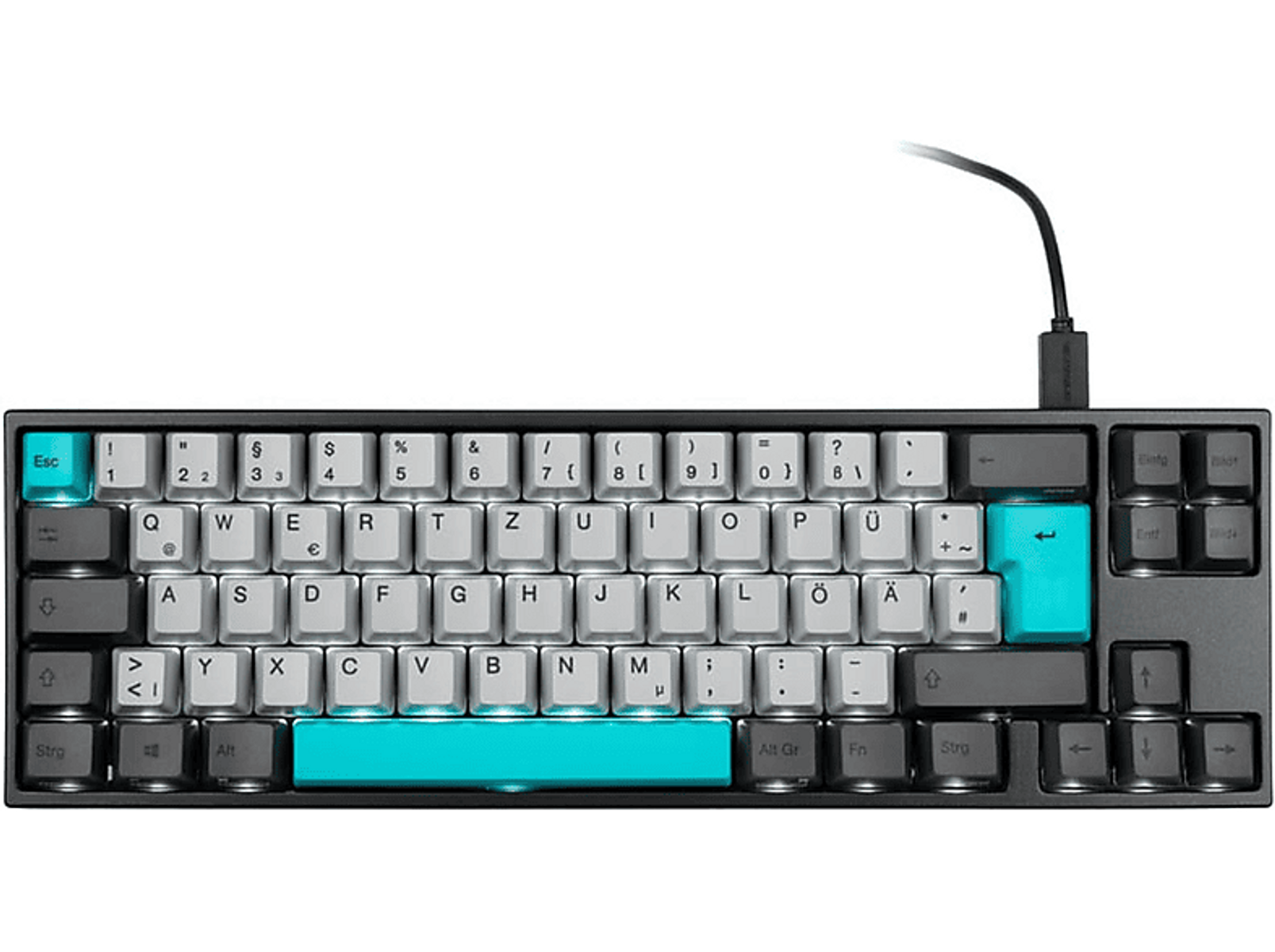 Eine kompakte, schwarze mechanische Tastatur mit grauen Tasten. Cyan Esc und Enter Tasten, und cyan Leertaste, sind sichtbar.