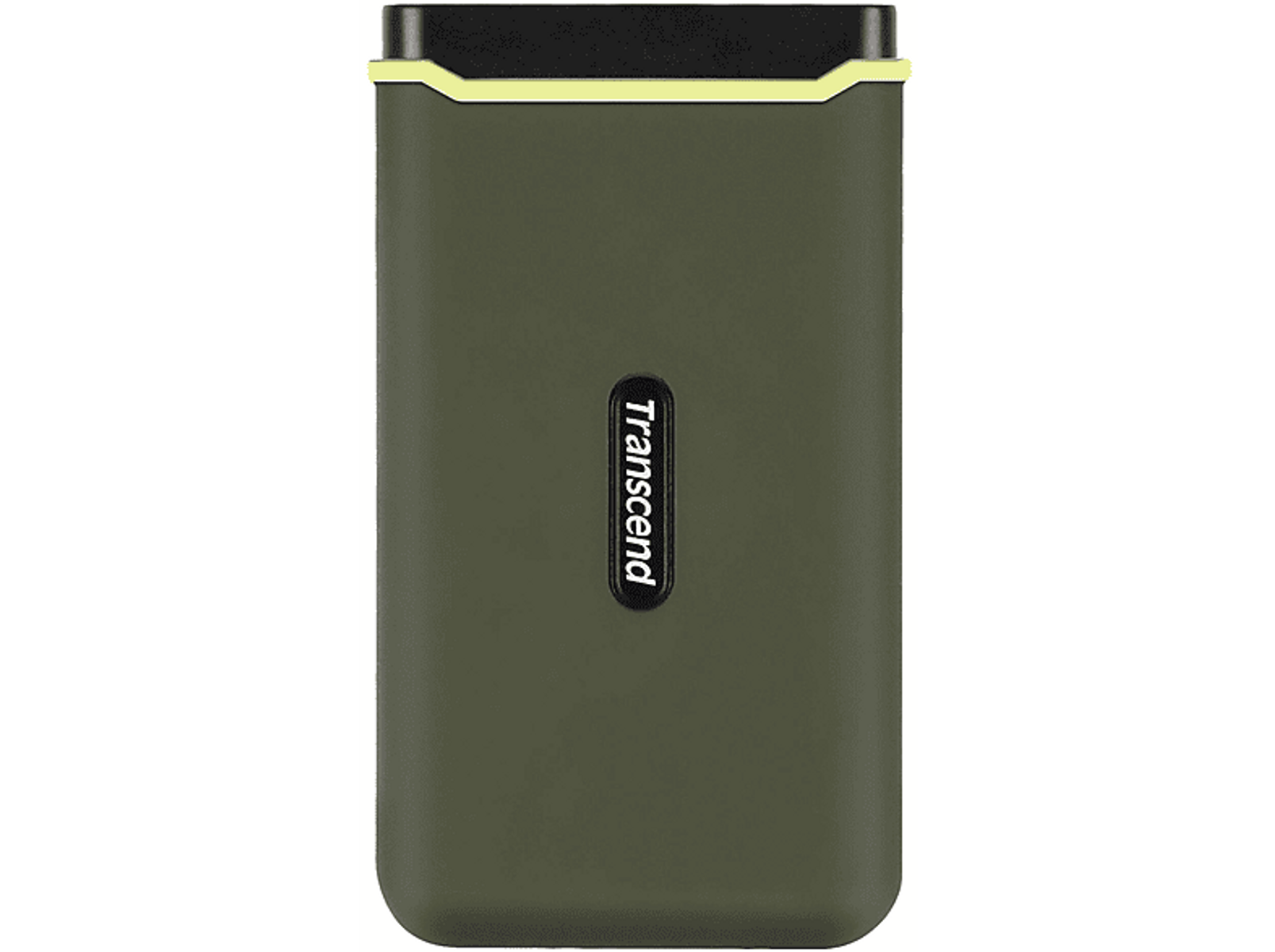 Zielony i czarny zewnętrzny dysk twardy Transcend. Czarna etykieta z napisem 'Transcend' z przodu.