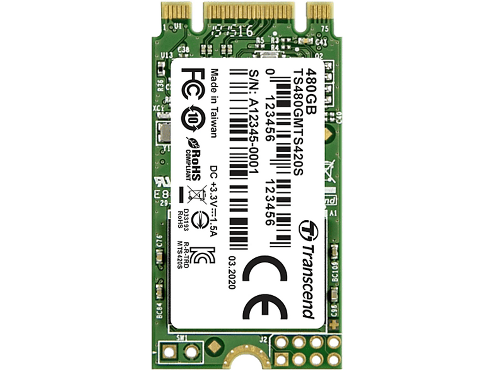 Mała zielona płytka PCB z etykietami i białą naklejką.