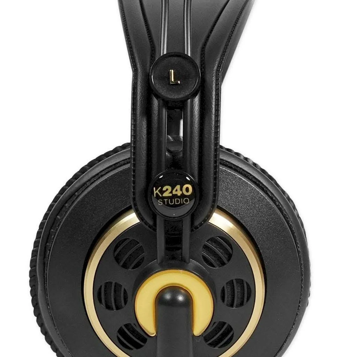 Schwarze Kopfhörer mit goldenen Akzenten. Die Marke ist K240 STUDIO. Der Hintergrund ist weiß.