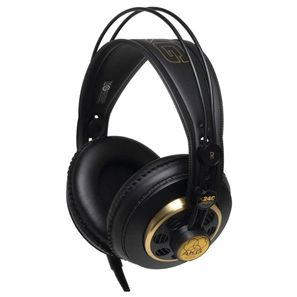 Schwarze und goldene Kopfhörer auf weißem Hintergrund. Goldakzente und AKG-Logo sichtbar.