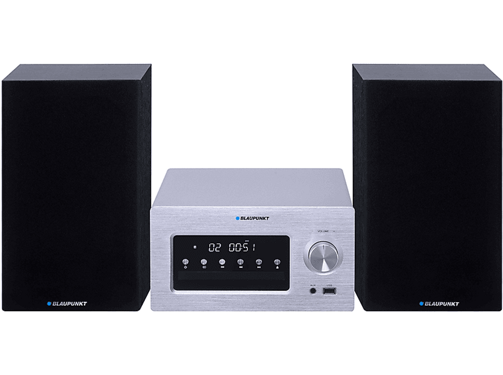 Srebrny system stereo z głośnikami po obu stronach.