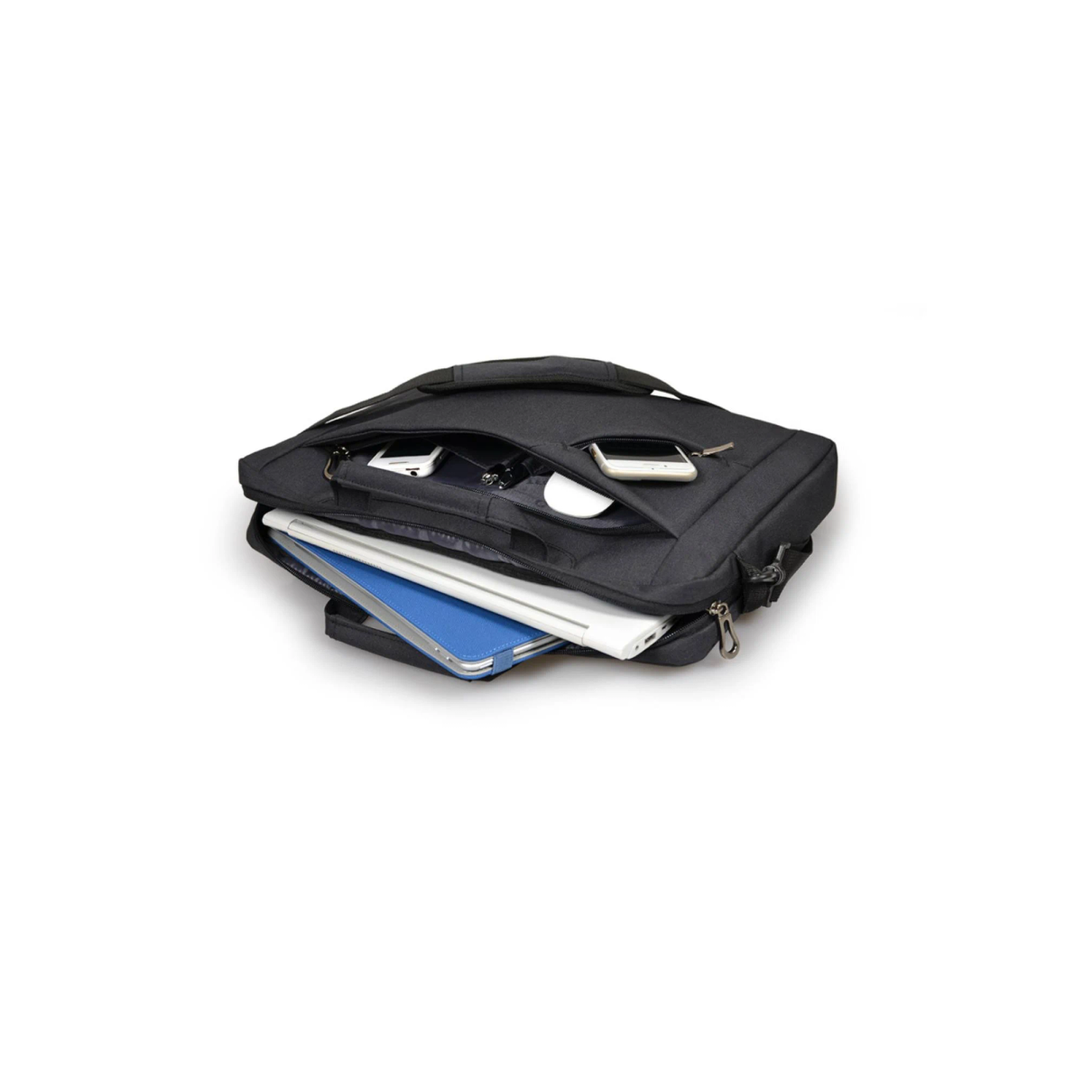 Schwarze Laptoptasche, offen. Zeigt einen Laptop, ein Tablet und ein Telefon im Inneren. Weißer Hintergrund.