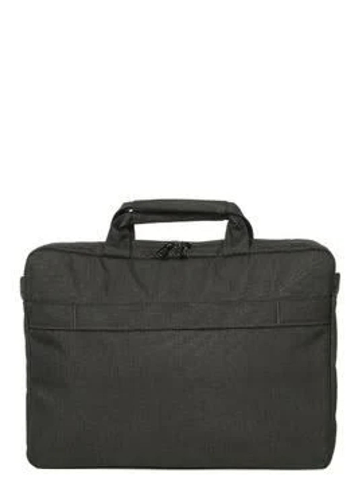 Eine schwarze Laptoptasche mit Griff, Vordertasche und Reißverschluss. Der Hintergrund ist weiß.