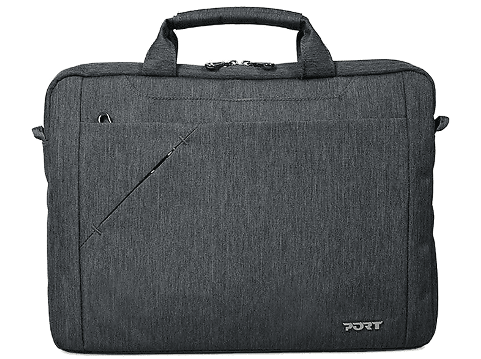 Dunkelgraue Port-Laptoptasche. Sie hat eine Vordertasche und einen Tragegriff.
