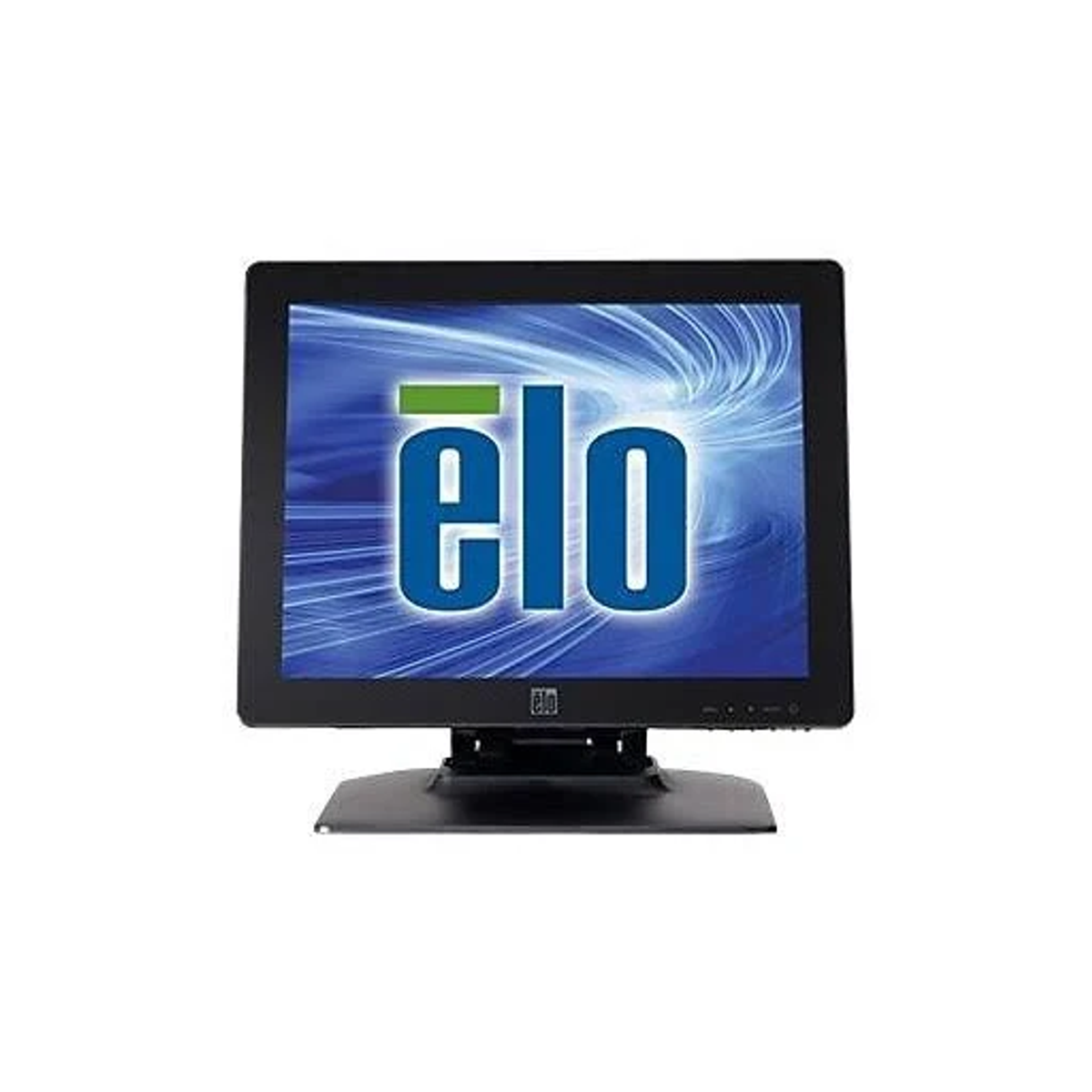 Schwarzer Computermonitor mit blauem Bildschirm, der das „elo“-Logo anzeigt.