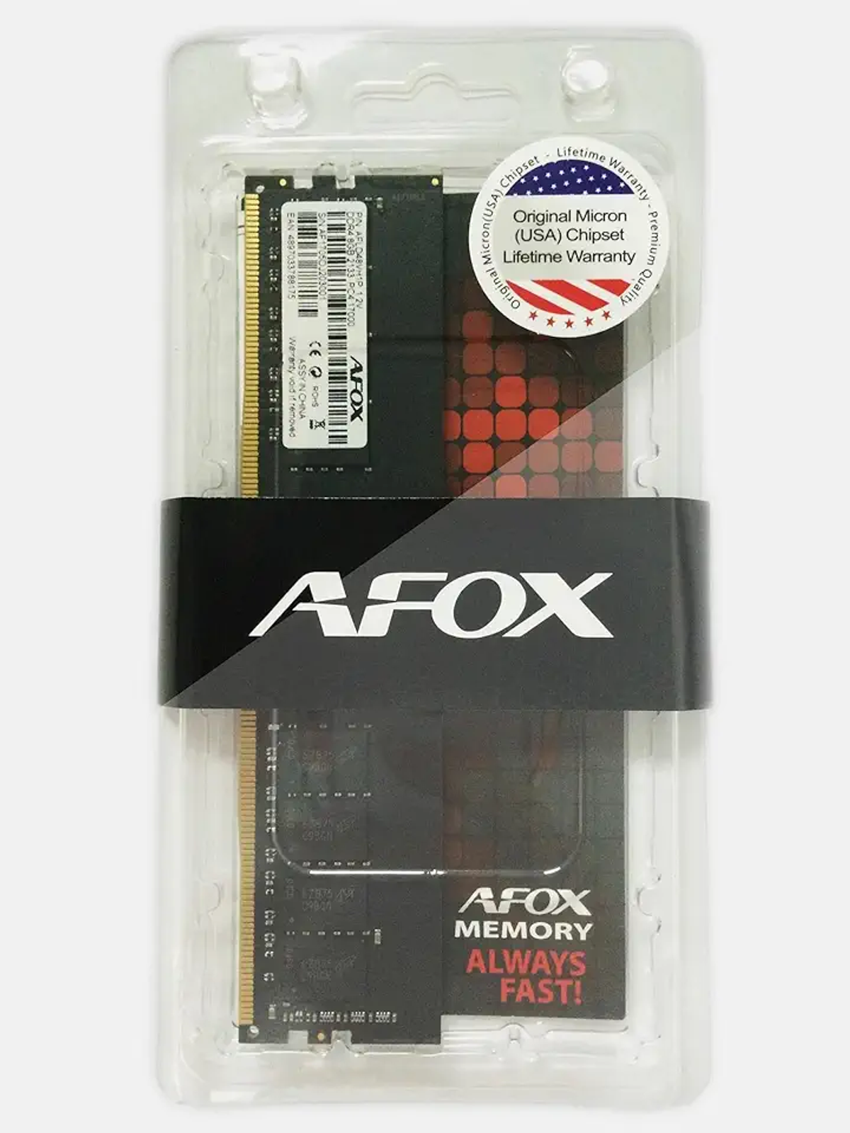 AFOX RAM-Riegel in klarer Kunststoffverpackung, schwarzes Etikett, weißer HG.