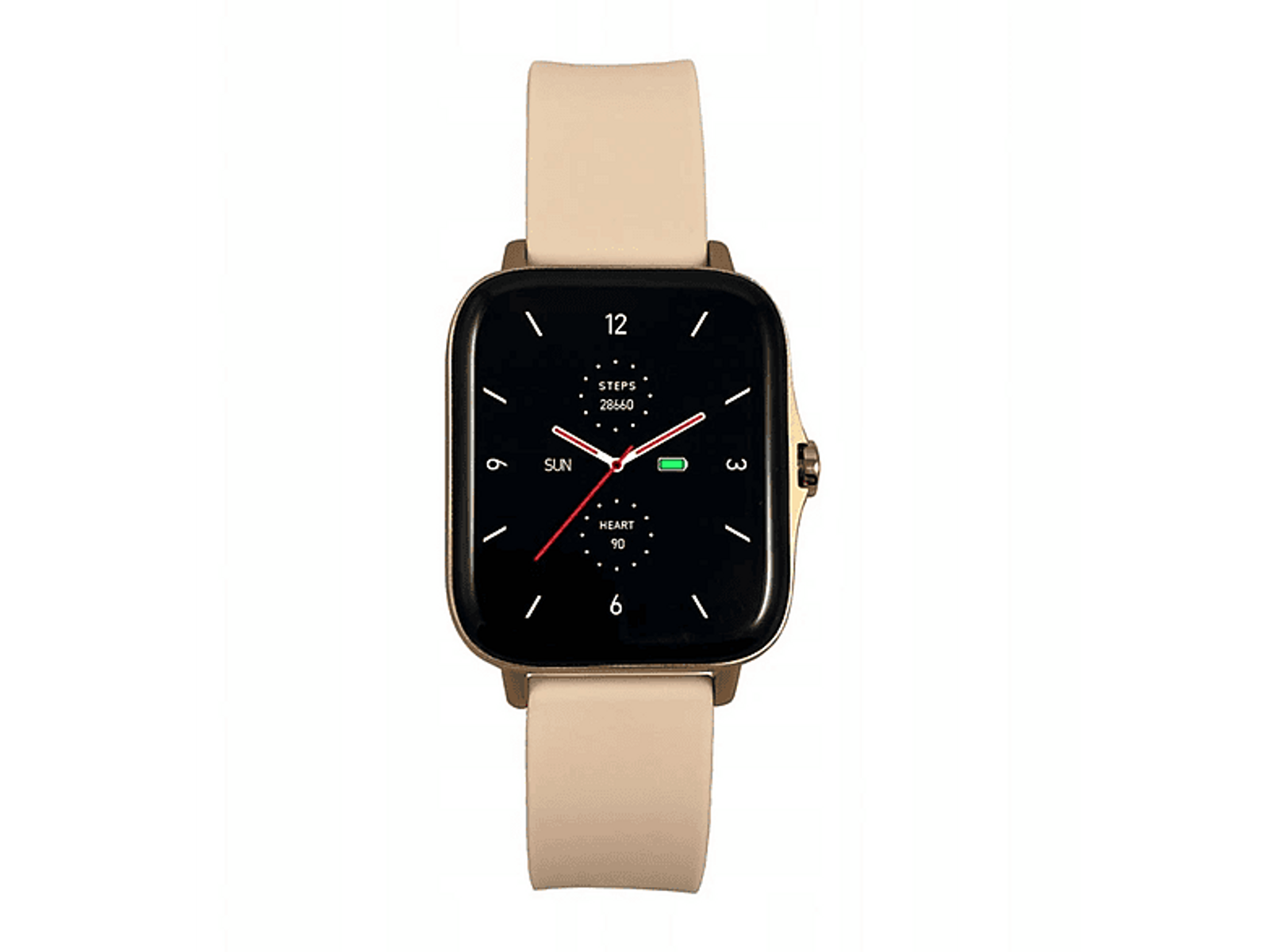 Smartwatch z czarnym ekranem pokazującym czas i dane zdrowotne, beżowy pasek, złota koperta.