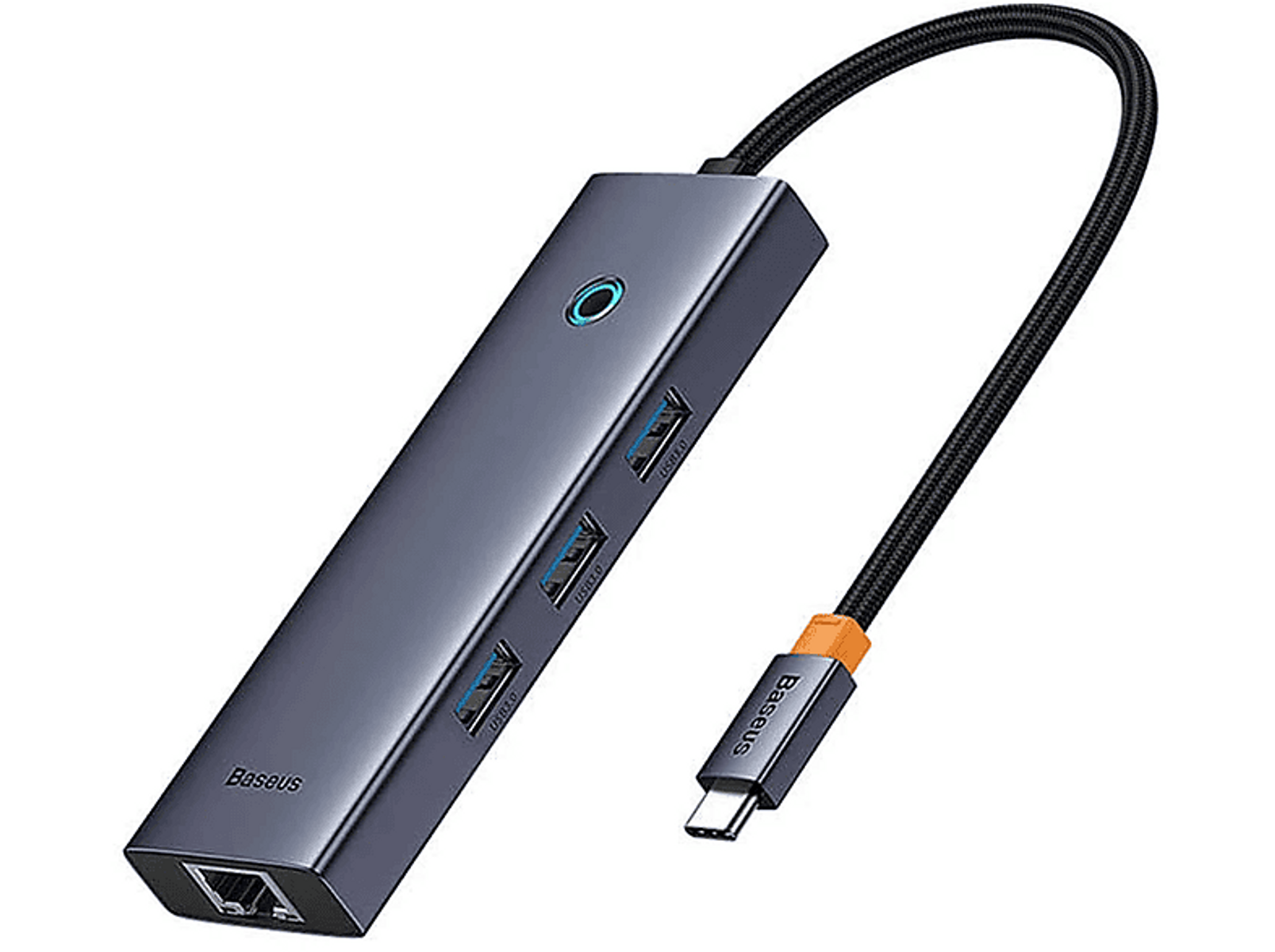 Ein dunkelgrauer Baseus USB-C-Hub mit mehreren Anschlüssen und einem geflochtenen schwarzen Kabel.