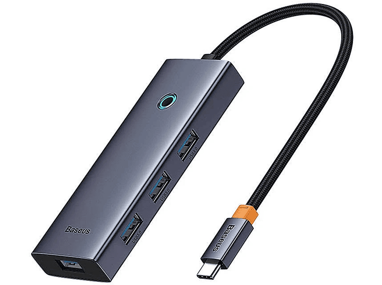 Ein dunkelgrauer USB-Hub mit vier USB-Anschlüssen. Er hat ein schwarzes geflochtenes Kabel.