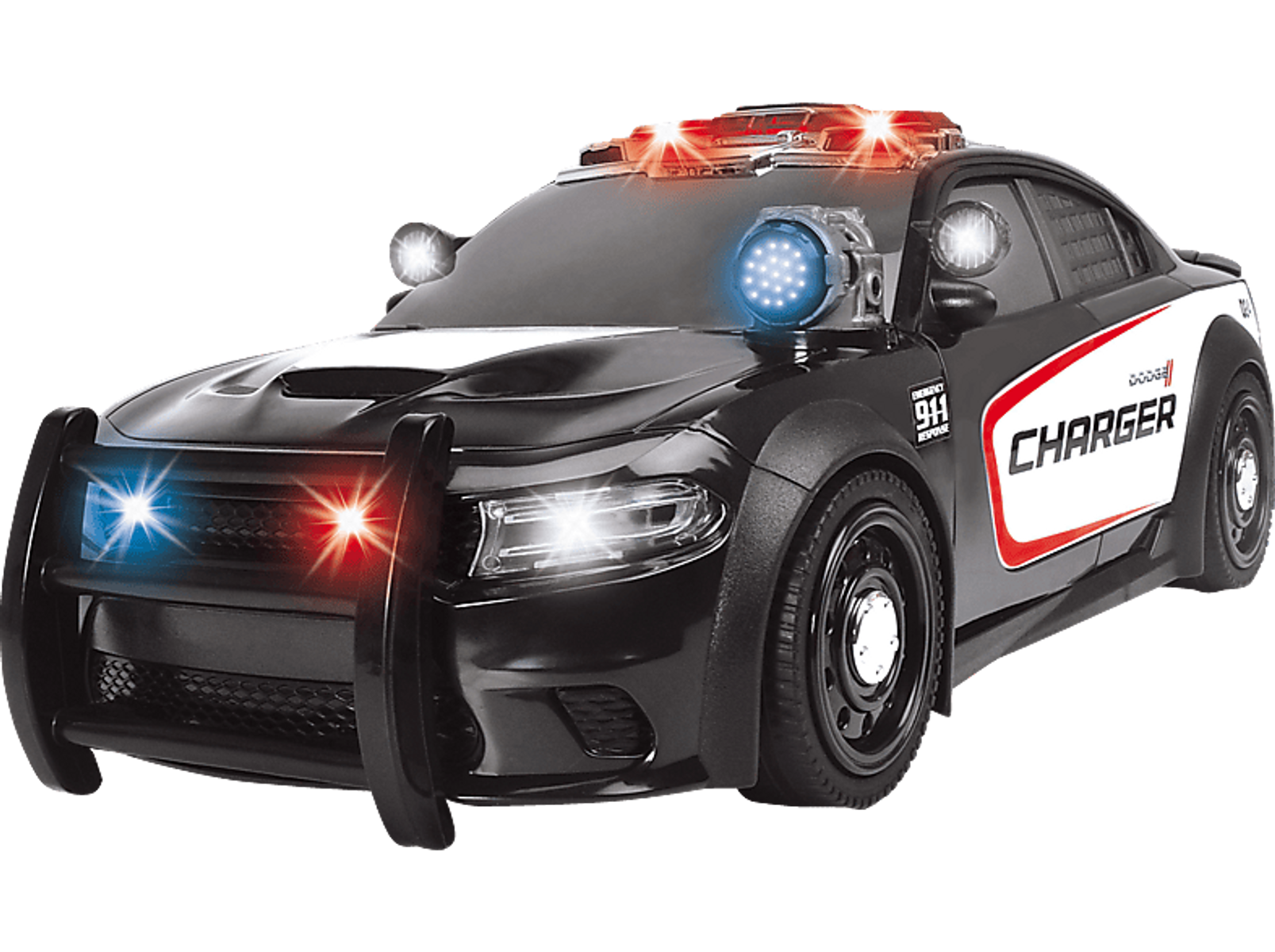 Schwarz-weißes Polizeiauto-Spielzeug mit roten und blauen Lichtern.