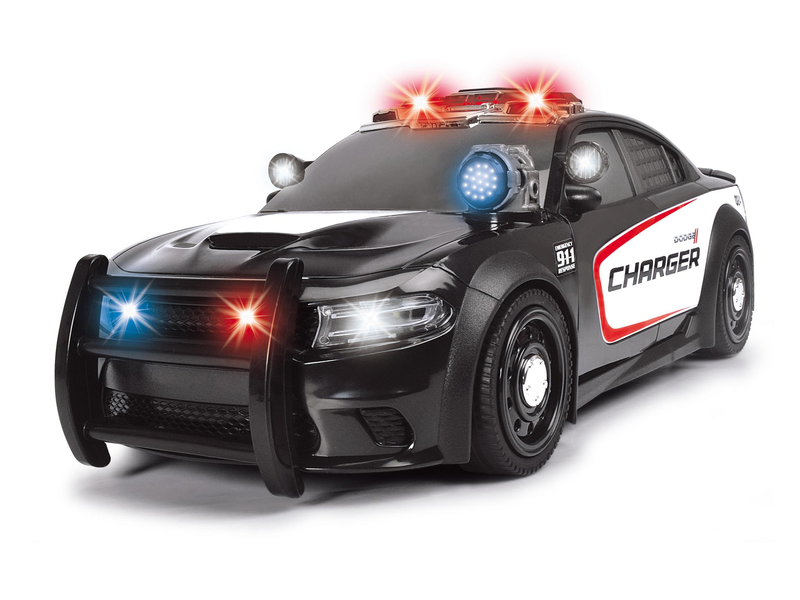 Schwarzes Polizei-Spielzeugauto mit blinkenden Lichtern und Sirene.