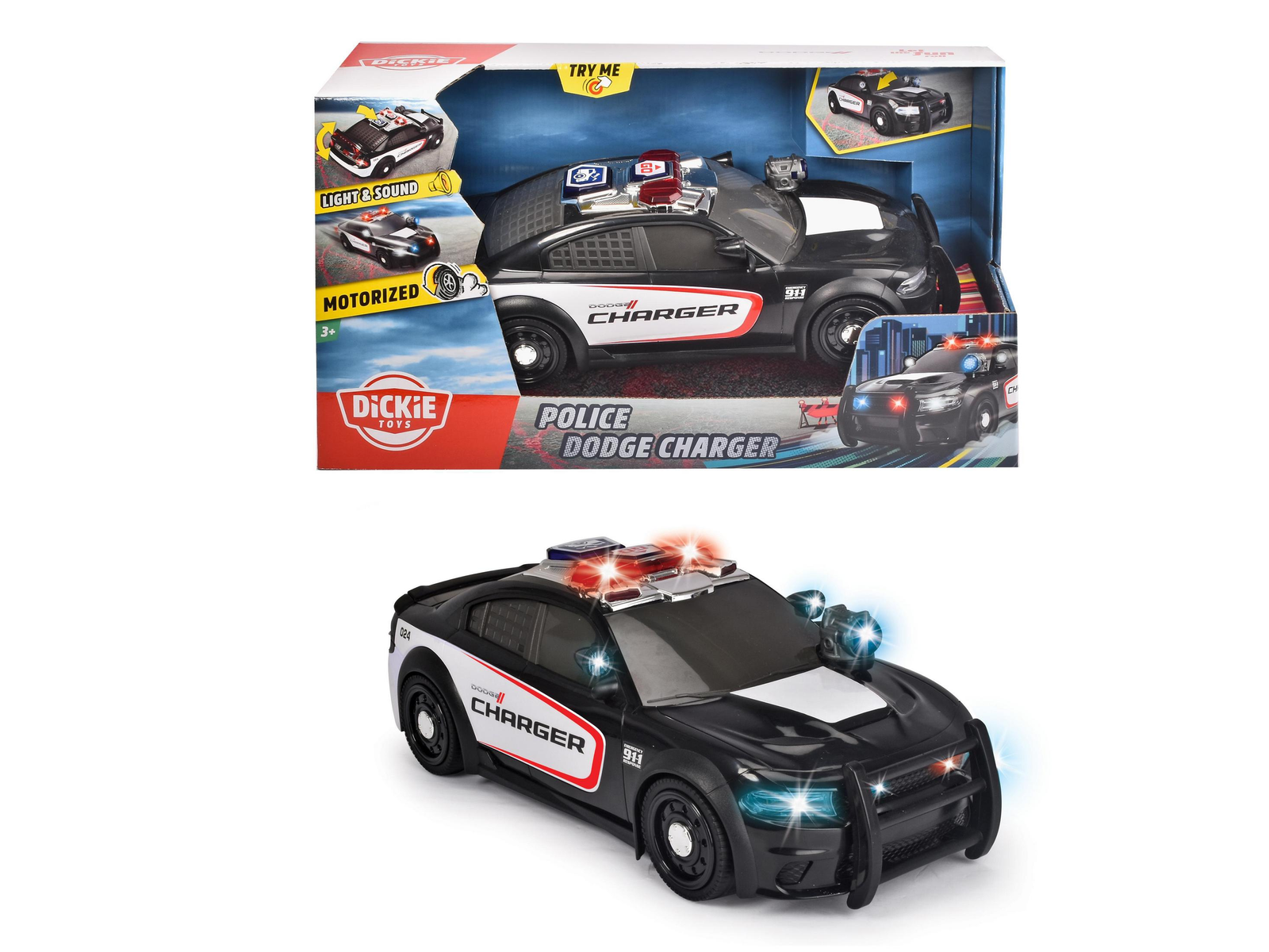 Spielzeug-Polizeiauto in einer Box und ein separates Spielzeugauto mit Lichtern, schwarz-weiß.