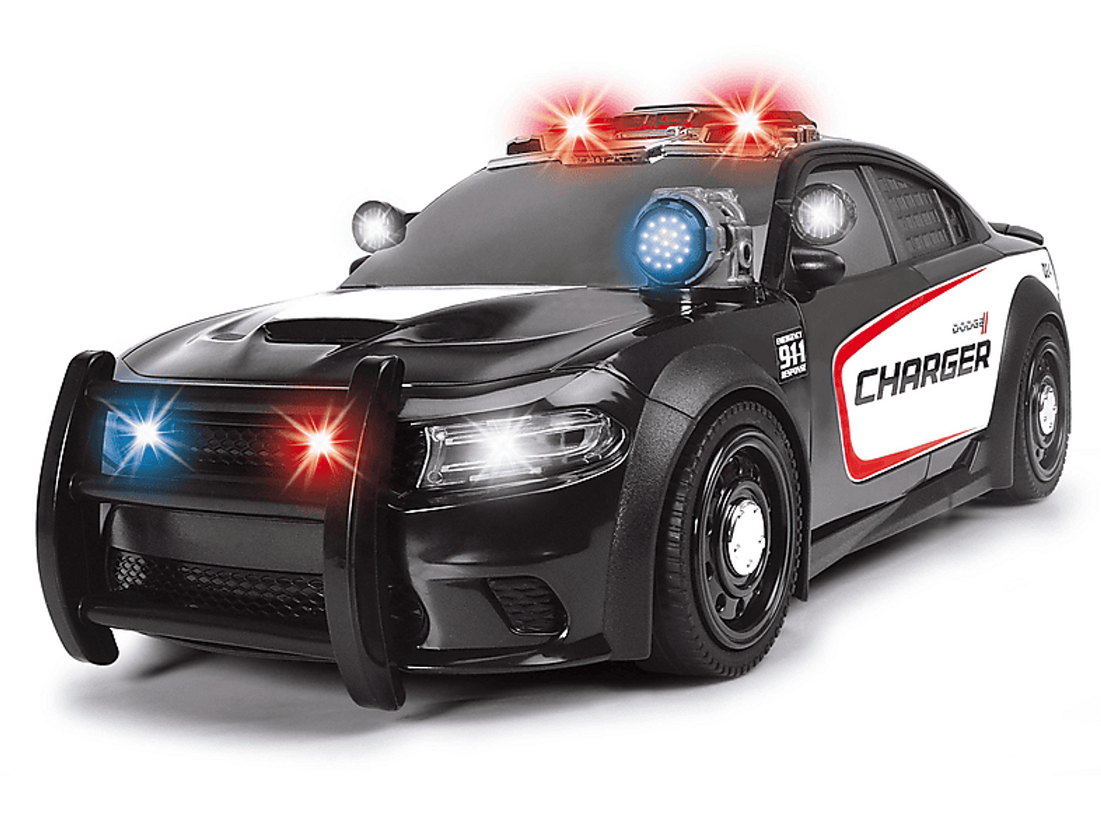 Schwarz-weißes Polizei-Spielzeugauto mit Blinklichtern. Das Wort CHARGER steht an der Seite.