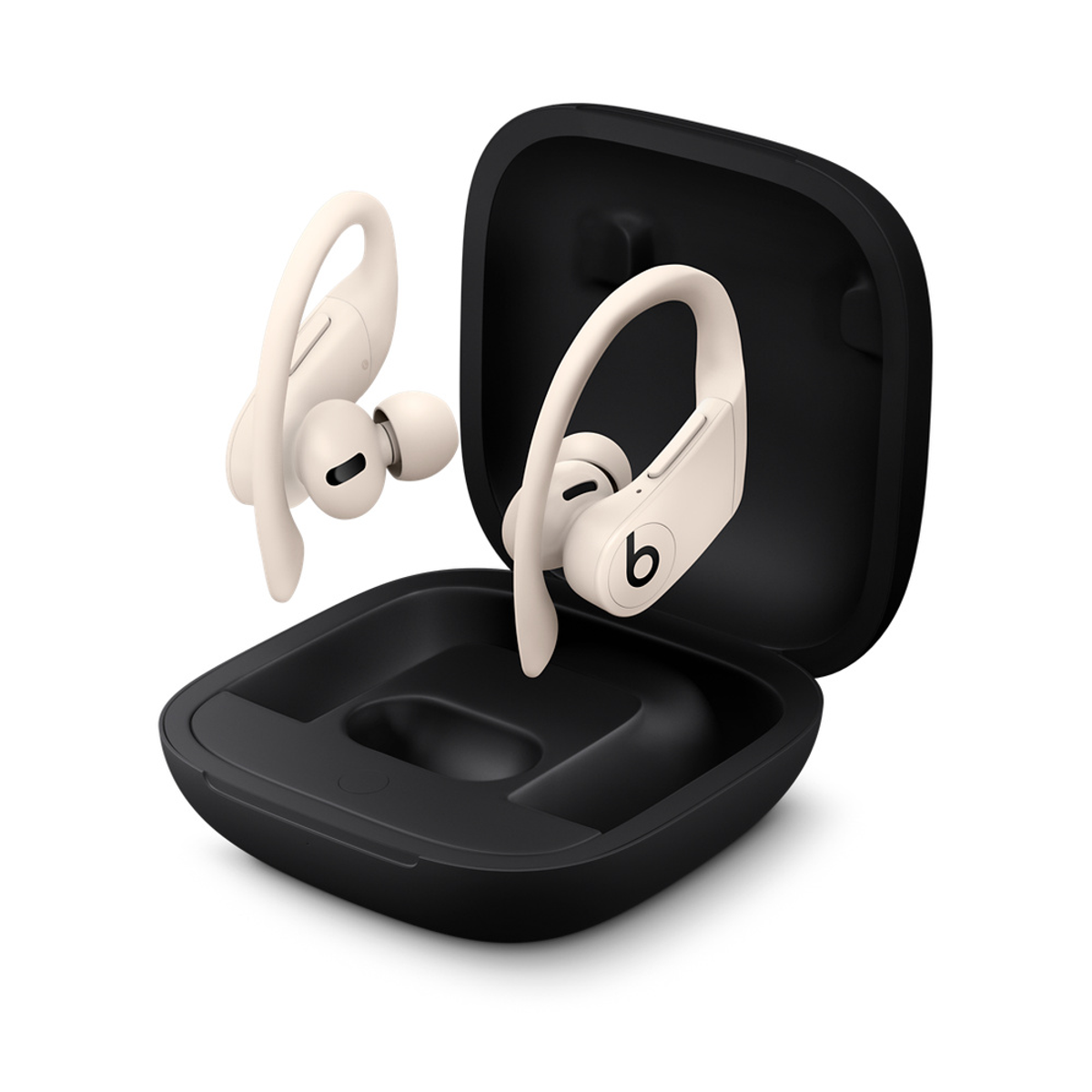 Beige wireless earbuds and black charging case. Earbuds are out of the case. White background.