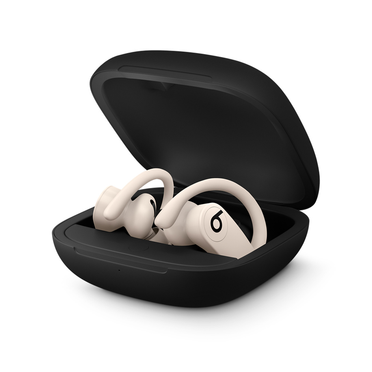 Black earbud case with white earbuds inside, open, on a white background.