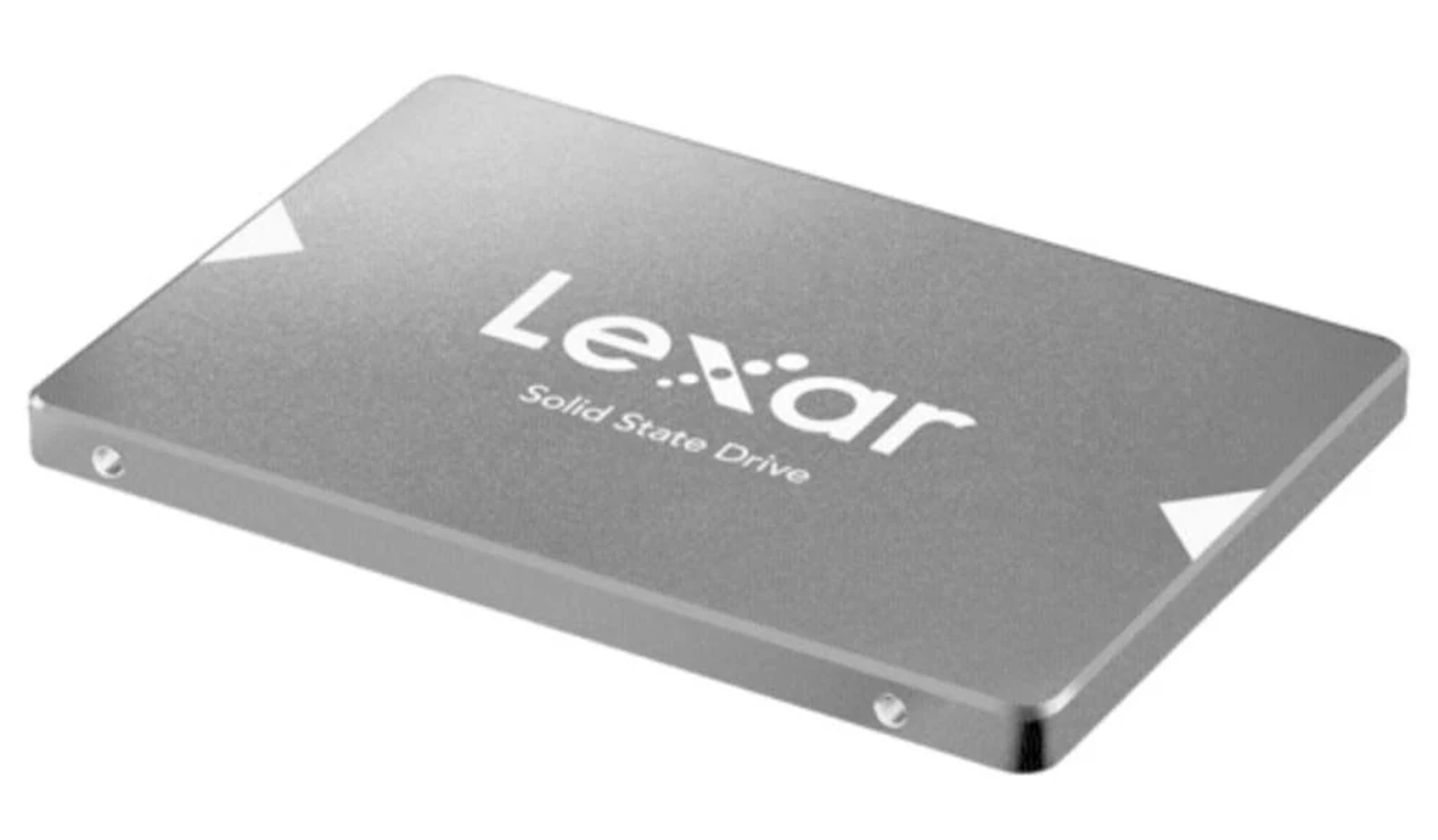 Srebrny dysk SSD Lexar. Dysk SSD jest prostokątny, z logo Lexar i szczegółami modelu.
