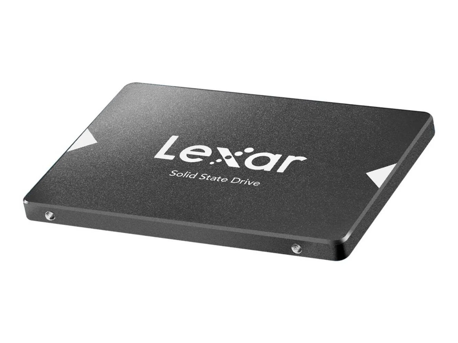 Czarny dysk SSD Lexar. Biały napis Lexar i Solid State Drive na górze. Białe tło.
