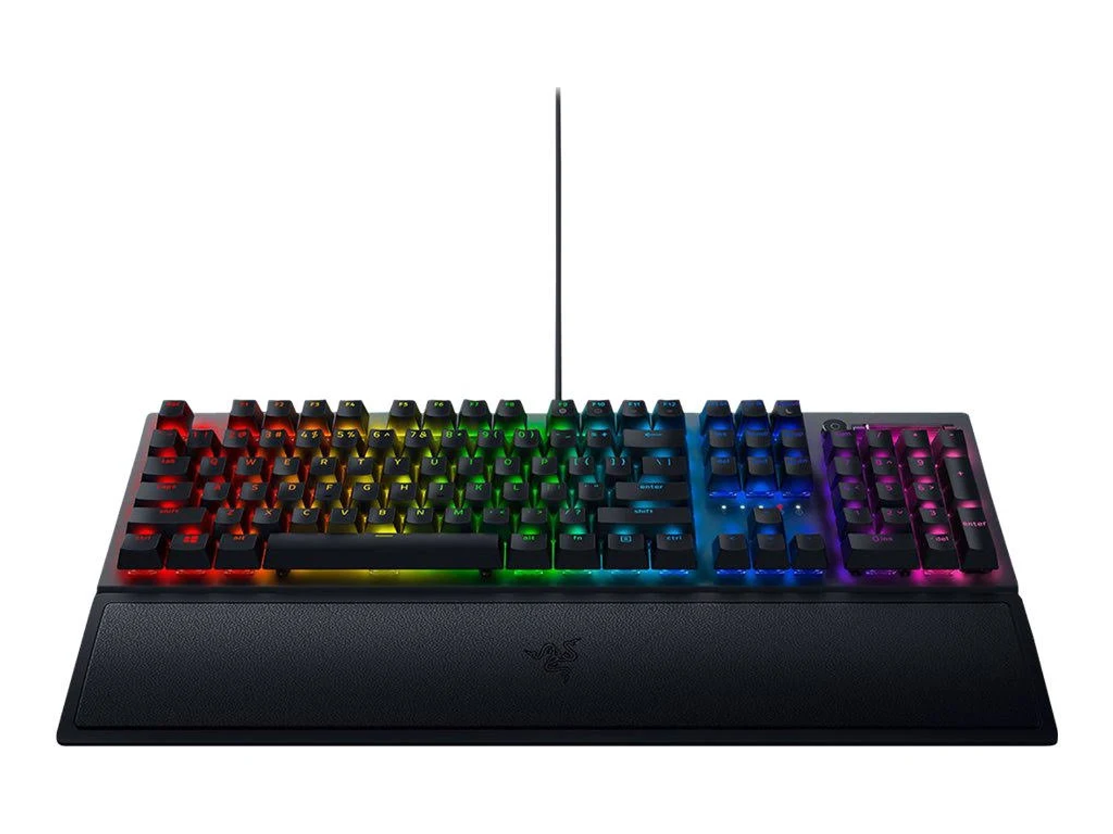 Czarna klawiatura Razer z wielokolorowymi podświetlanymi klawiszami i podpórką pod nadgarstki. Klawisze są widoczne.